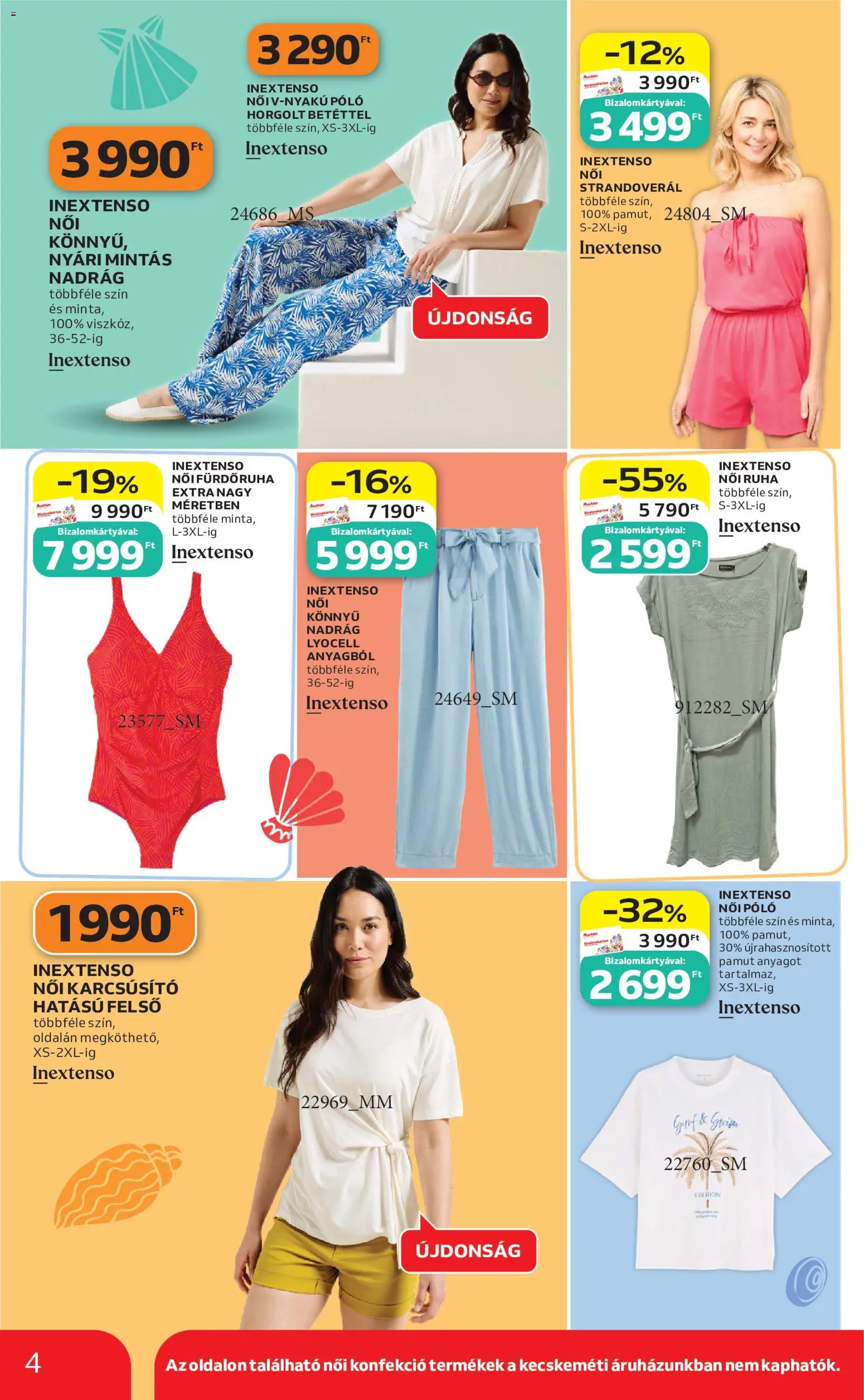 Auchan akciós ujság - amely érvényes a következő dátumtól: 28.05.2026 | Oldal: 4 | Termékek: Női póló, Ruha, Nadrág, Fürdőruha