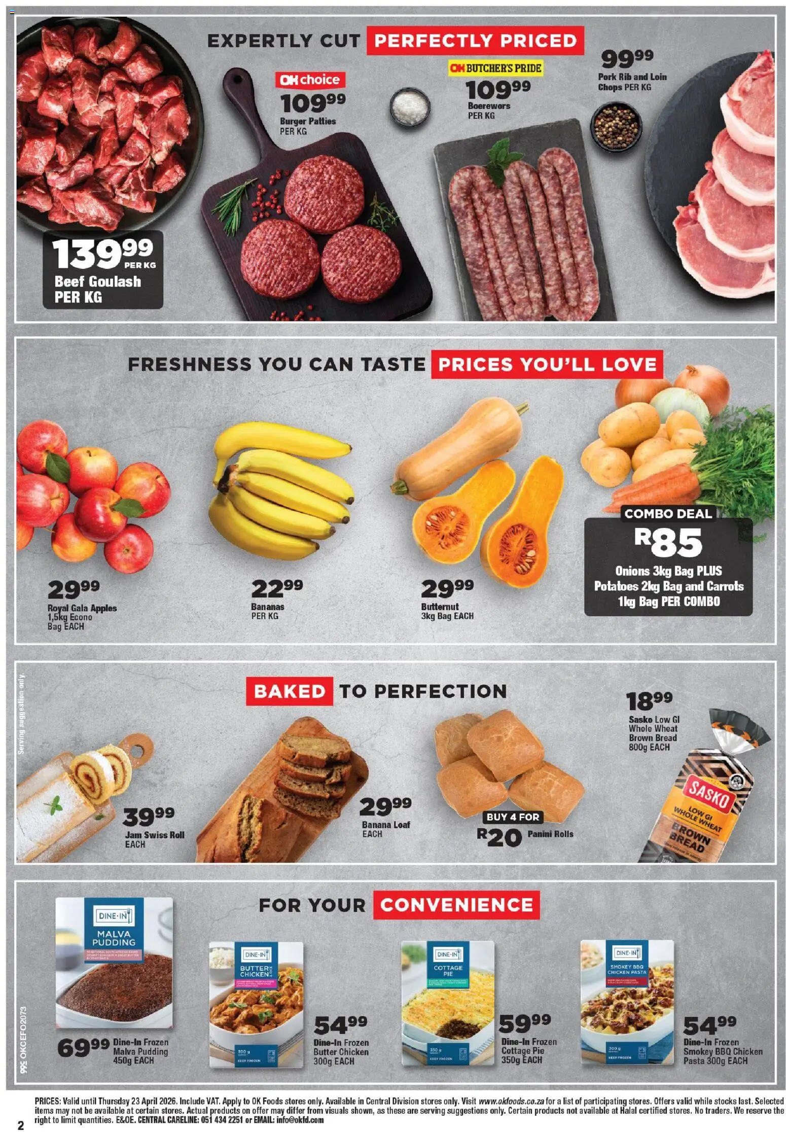 New OK Foods catalogue – valid from 15.04.2026 | Page: 2 | Products: Butter, Bread, Chicken, Potatoes