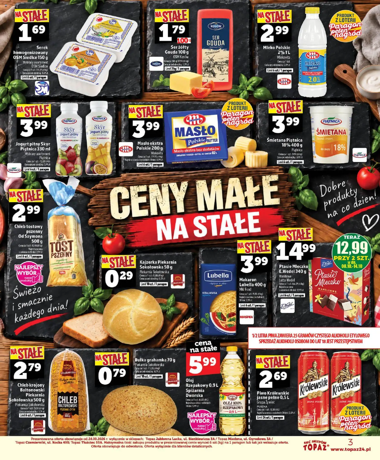 Topaz gazetka - Ceny małe na stałe od 08.10.2026 | Strona: 3 | Produkty: Mleko, Mleko cena, Piwo, Makaron