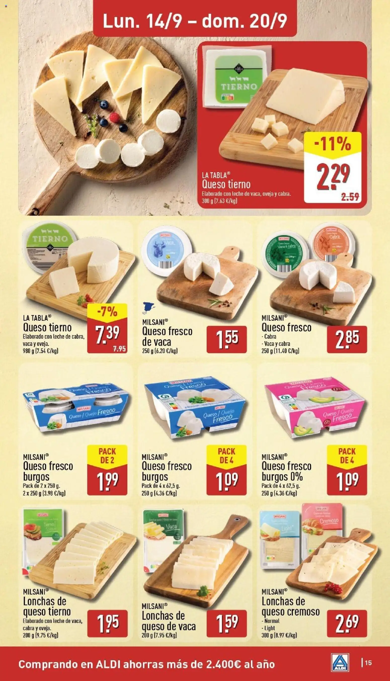 Aldi folleto Baleares │ válido desde el 14/09/2026 | Página: 15 | Productos: Queso de vaca, Leche, Queso, Queso fresco