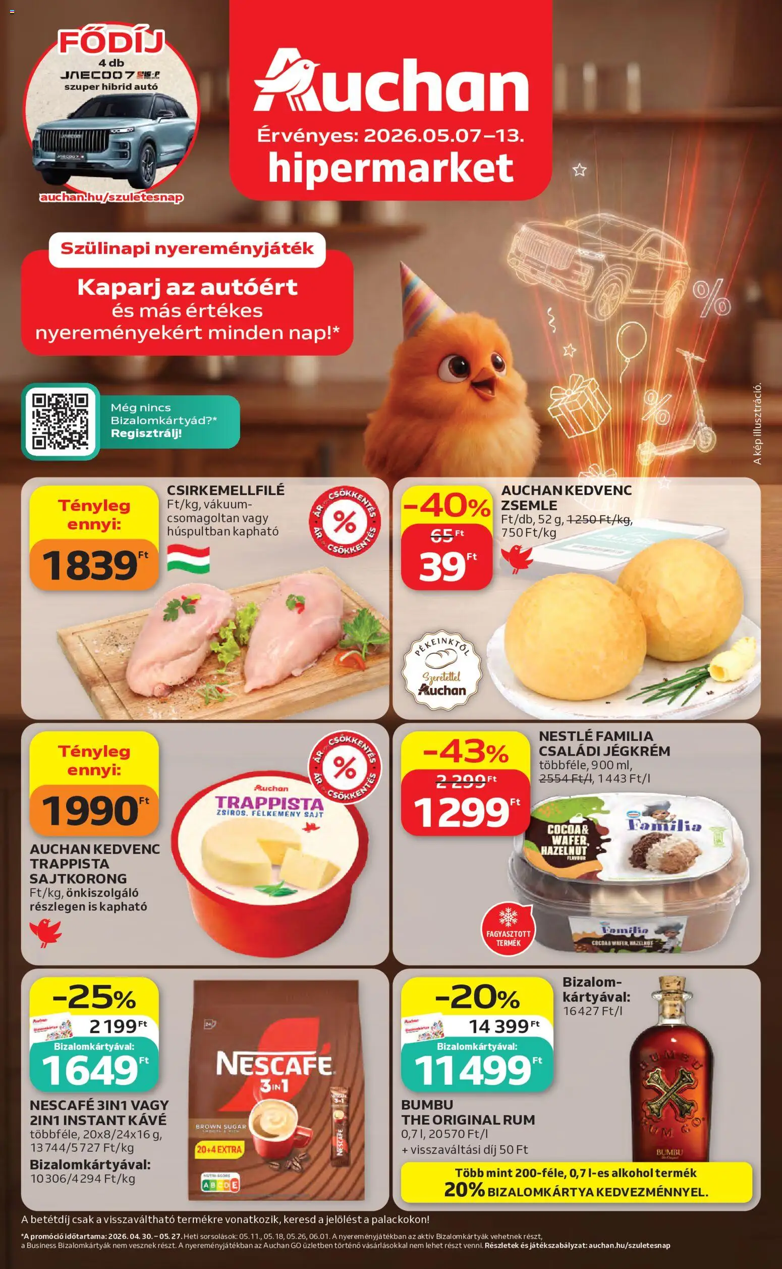 Auchan akciós ujság - amely érvényes a következő dátumtól: 07.05.2026 | Oldal: 1 | Termékek: Alkohol, Zsemle, Rum, Kávé