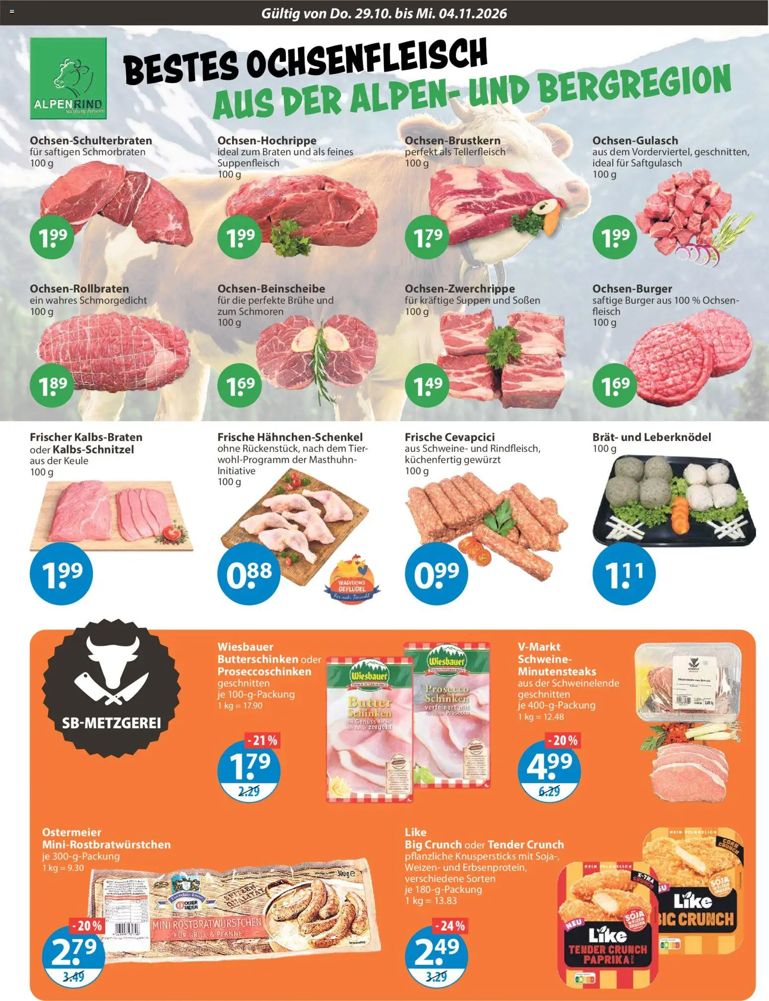 V-Markt Angebote – gültig ab 29.10.2026 | Seite: 3 | Produkte: Butter, Cevapcici, Burger, Prosecco