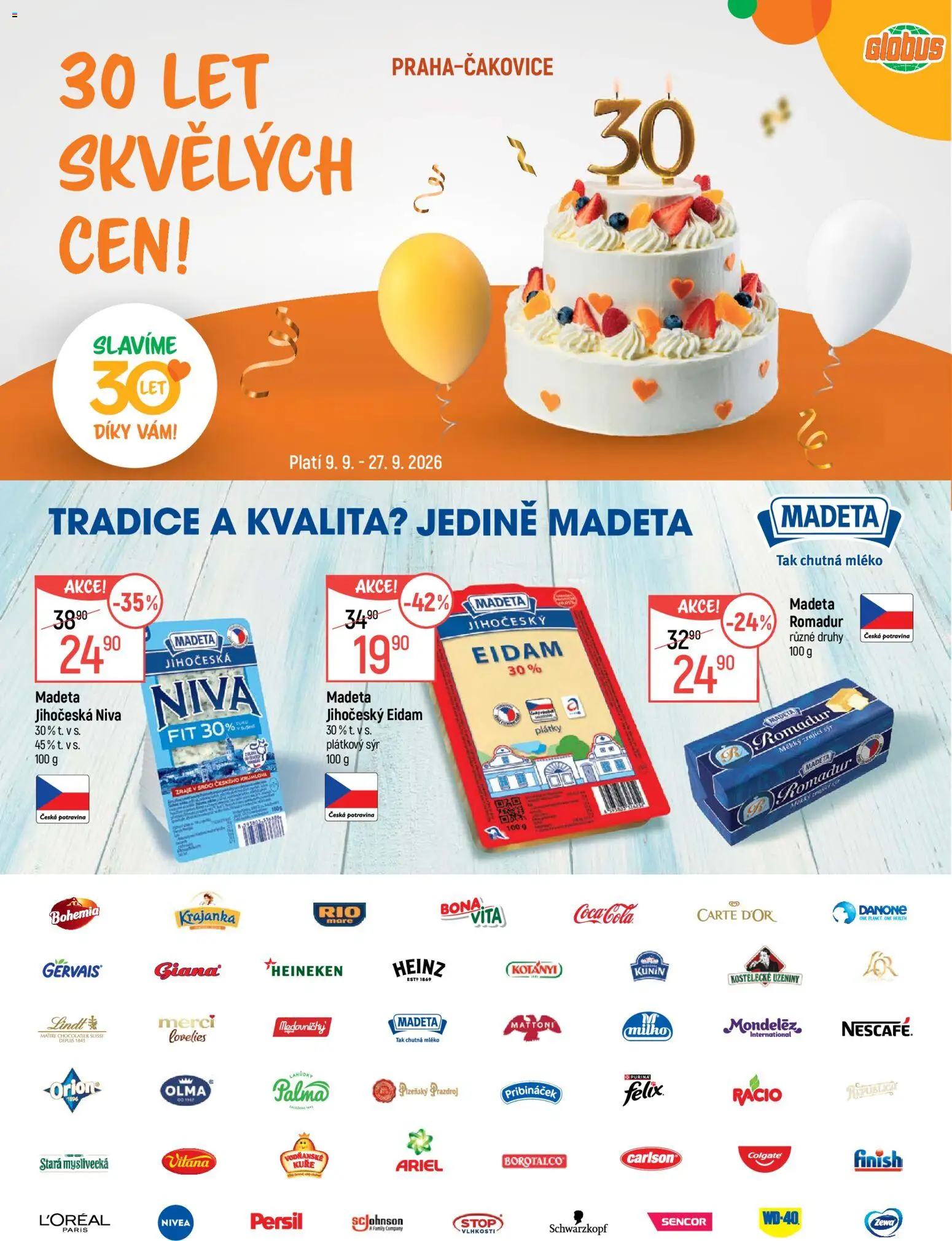 Globus leták - Pomáháme 30 let od 09.09.2026 | Strana: 1 | Produkty: Plátkový sýr, Uzeniny, Zewa, Kuře