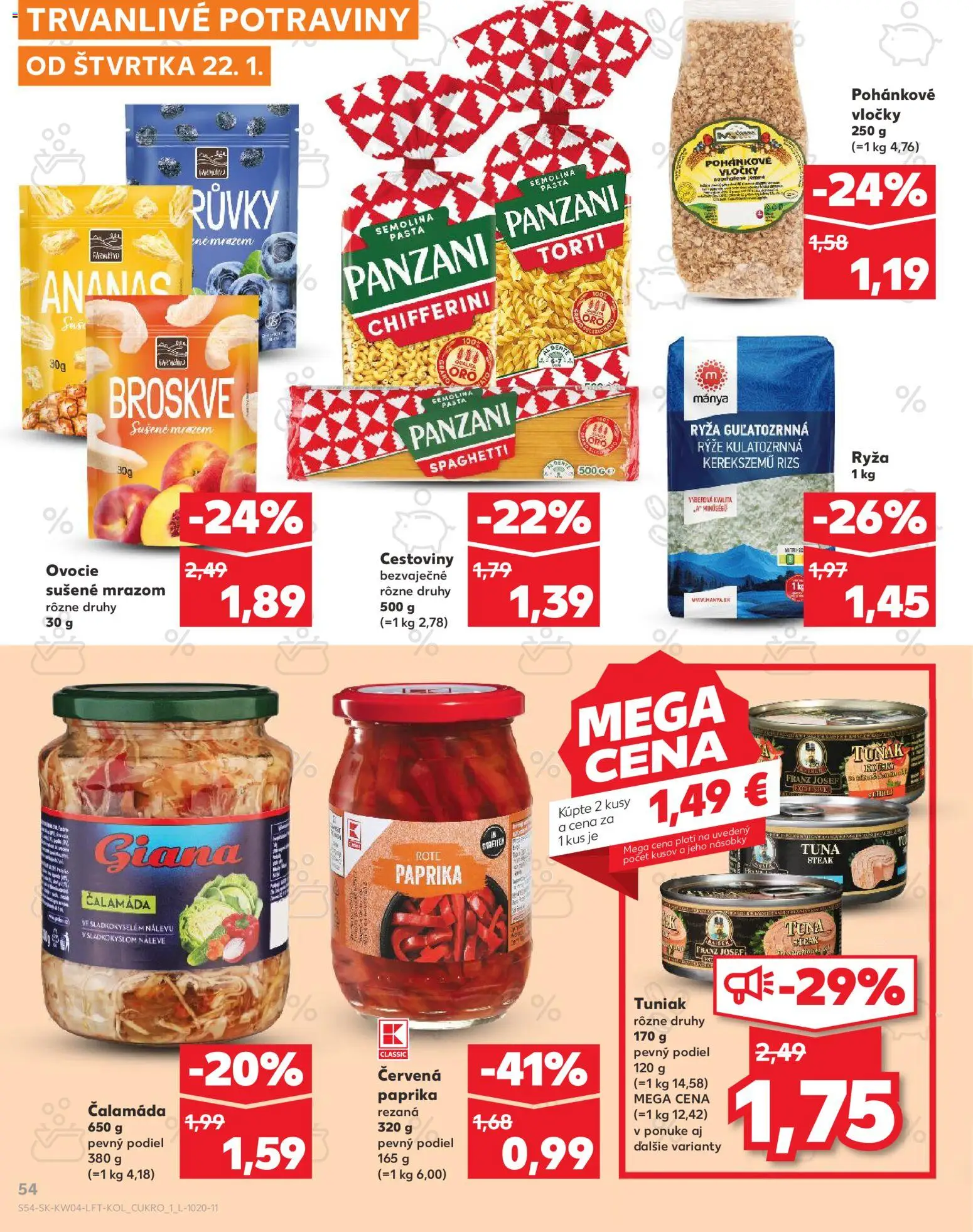 Nové Kaufland akcie – leták je platný od 22.01.2026 | Strana: 54 | Produkty: Tuniak, Ryža, Vločky, Červená paprika