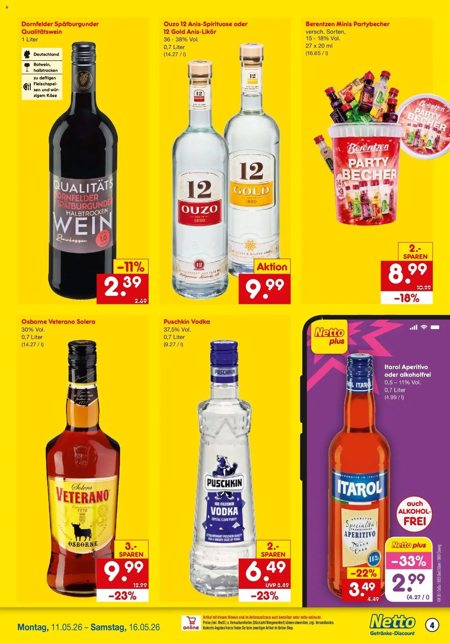 Netto Marken-Discount Prospekt Bad Düben	 – gültig ab 10.05.2026 | Seite: 4 | Produkte: Ouzo 12, Käse, Bad, Berentzen