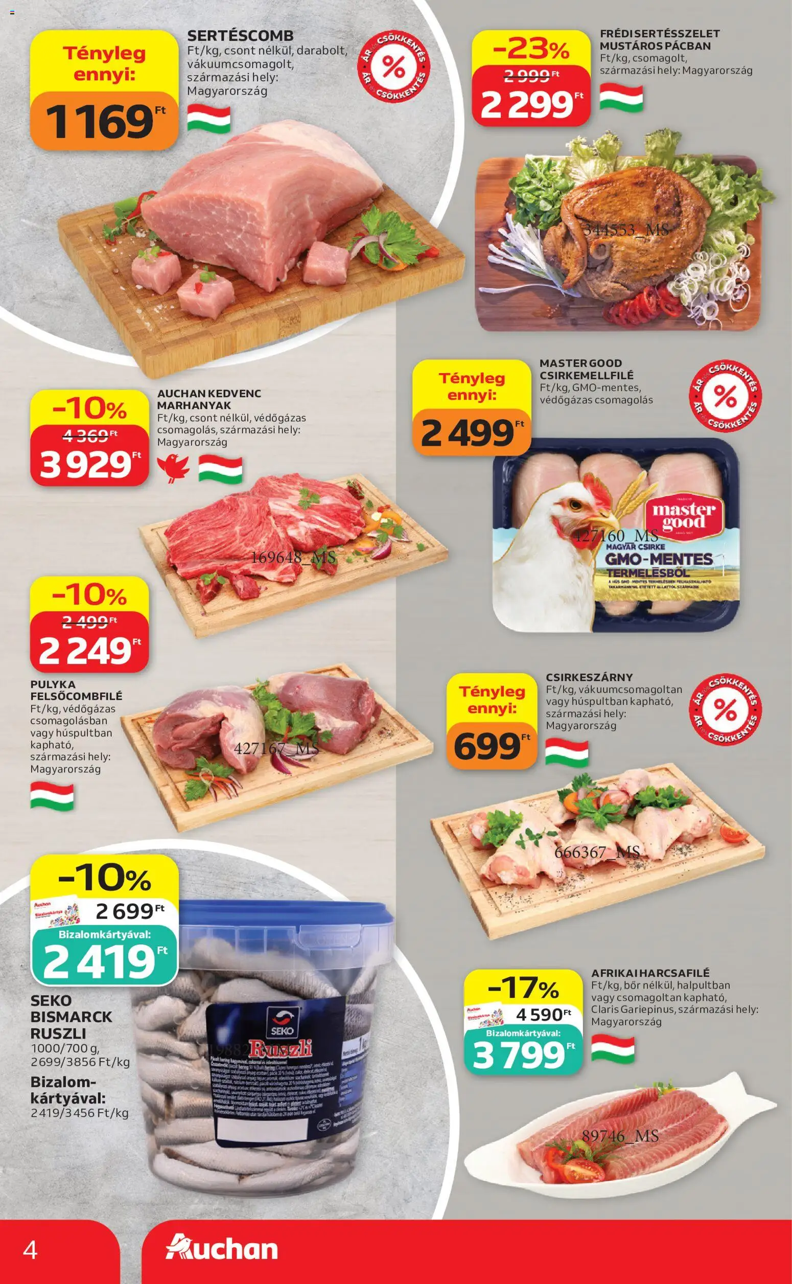 Auchan akciós ujság - amely érvényes a következő dátumtól: 2026.08.06. | Oldal: 4 | Termékek: Sertéscomb, Afrikai harcsafilé, Bor