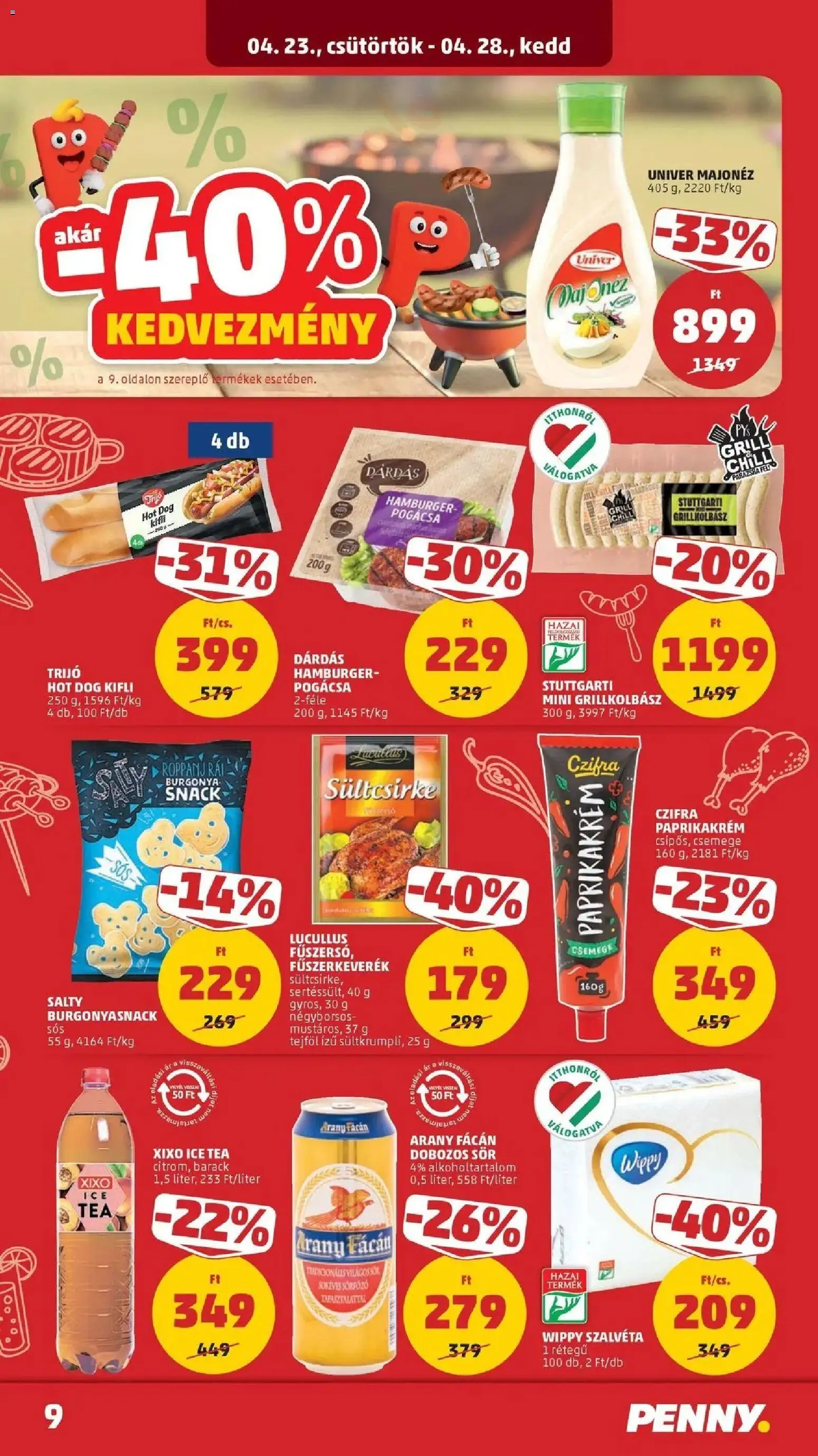 PENNY akciós ujság - amely érvényes a következő dátumtól: 2026.04.23. | Oldal: 9 | Termékek: Hot dog, Fűszerkeverék, Hamburger, Pogácsa