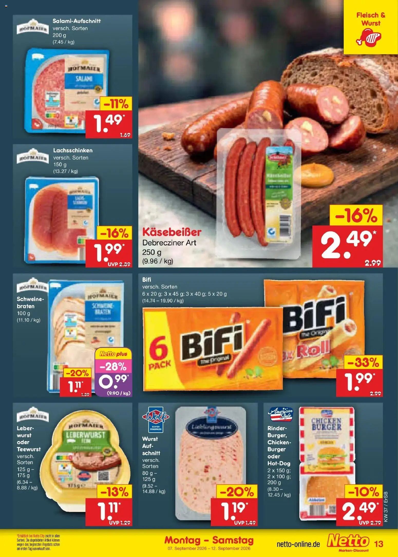 Netto Marken-Discount Prospekt Naumburg – gültig ab 07.09.2026 | Seite: 19 | Produkte: Bifi, Burger, Wurst, Fleisch