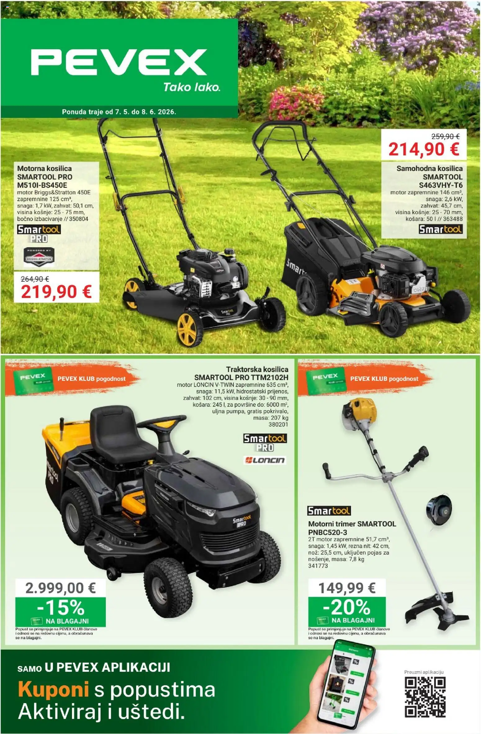 Pevex katalog | vrijedi od 07.05.2026 | Stranica: 1 | Proizvodi: Košara, Nož, Pojas, Traktorska kosilica