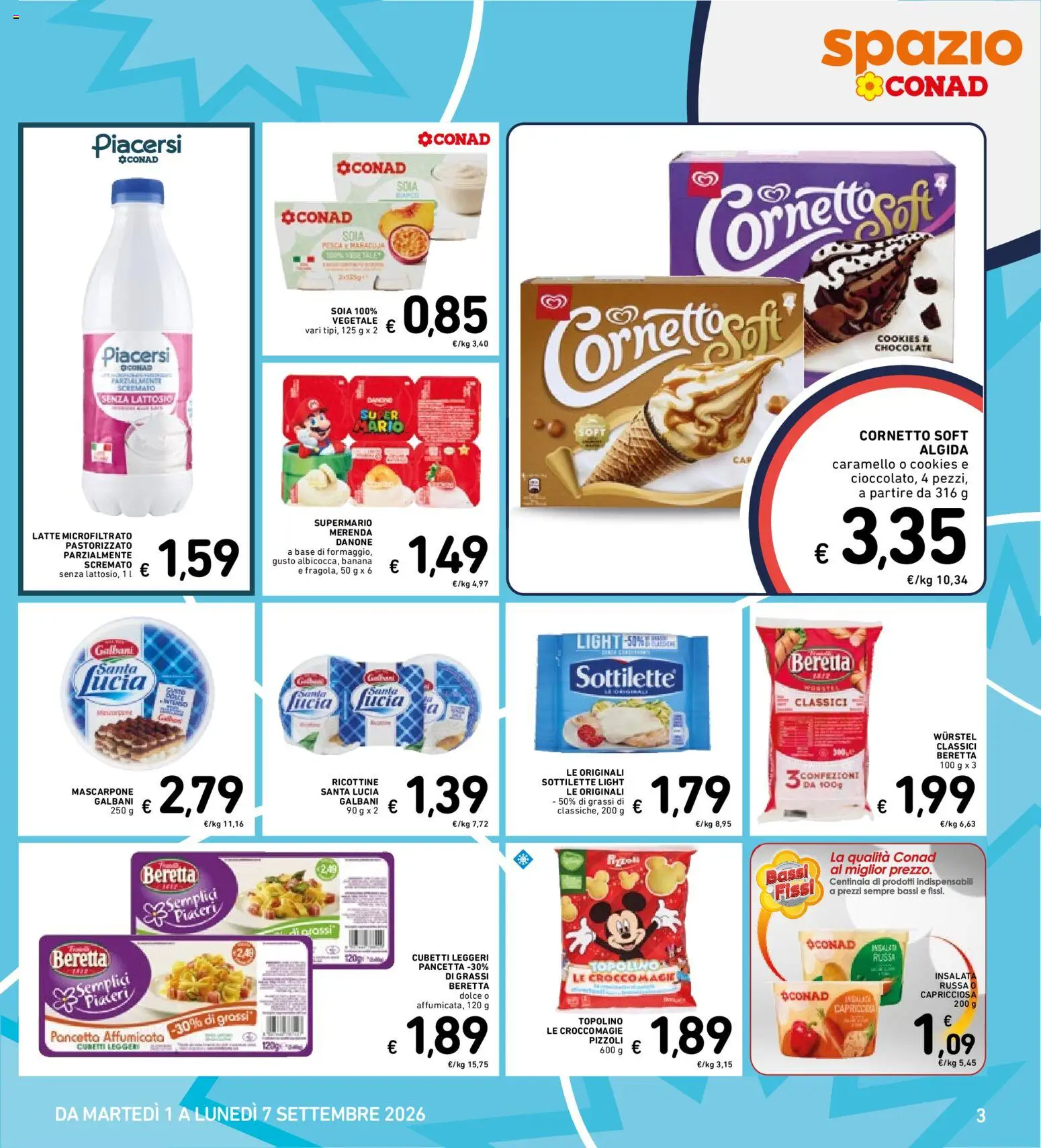 Volantino Spazio Conad del 24/08/2026 | Pagina: 30 | Prodotti: Cornetto, Latte, Wurstel, Mascarpone