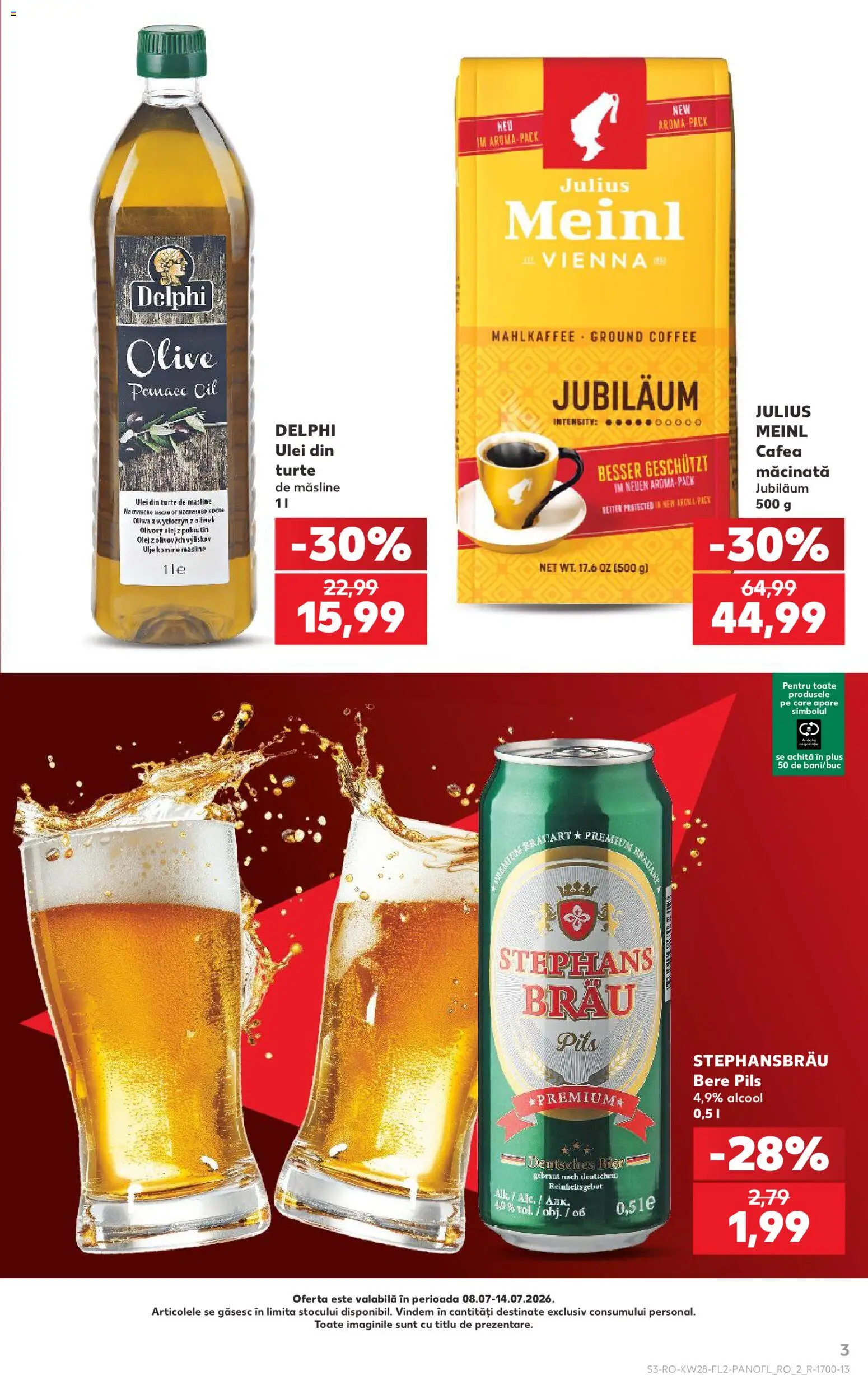 Noul catalog Kaufland – valabil de la 08.07.2026 | Pagină: 3 | Produse: Măsline, Ulei, Cafea, Bere