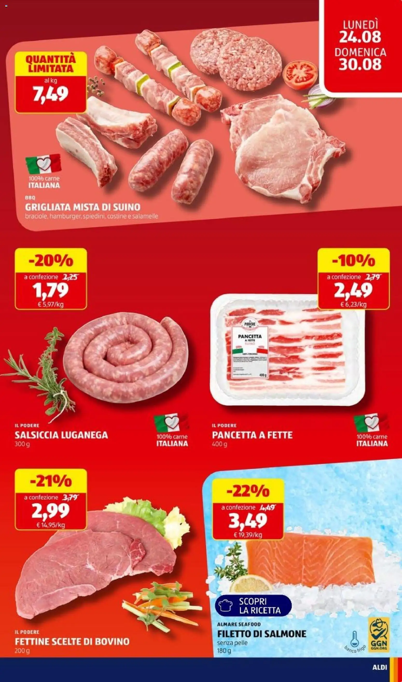 Volantino Aldi del 24/08/2026 | Pagina: 13 | Prodotti: Salmone, Filetto di salmone, Suino, Salsiccia