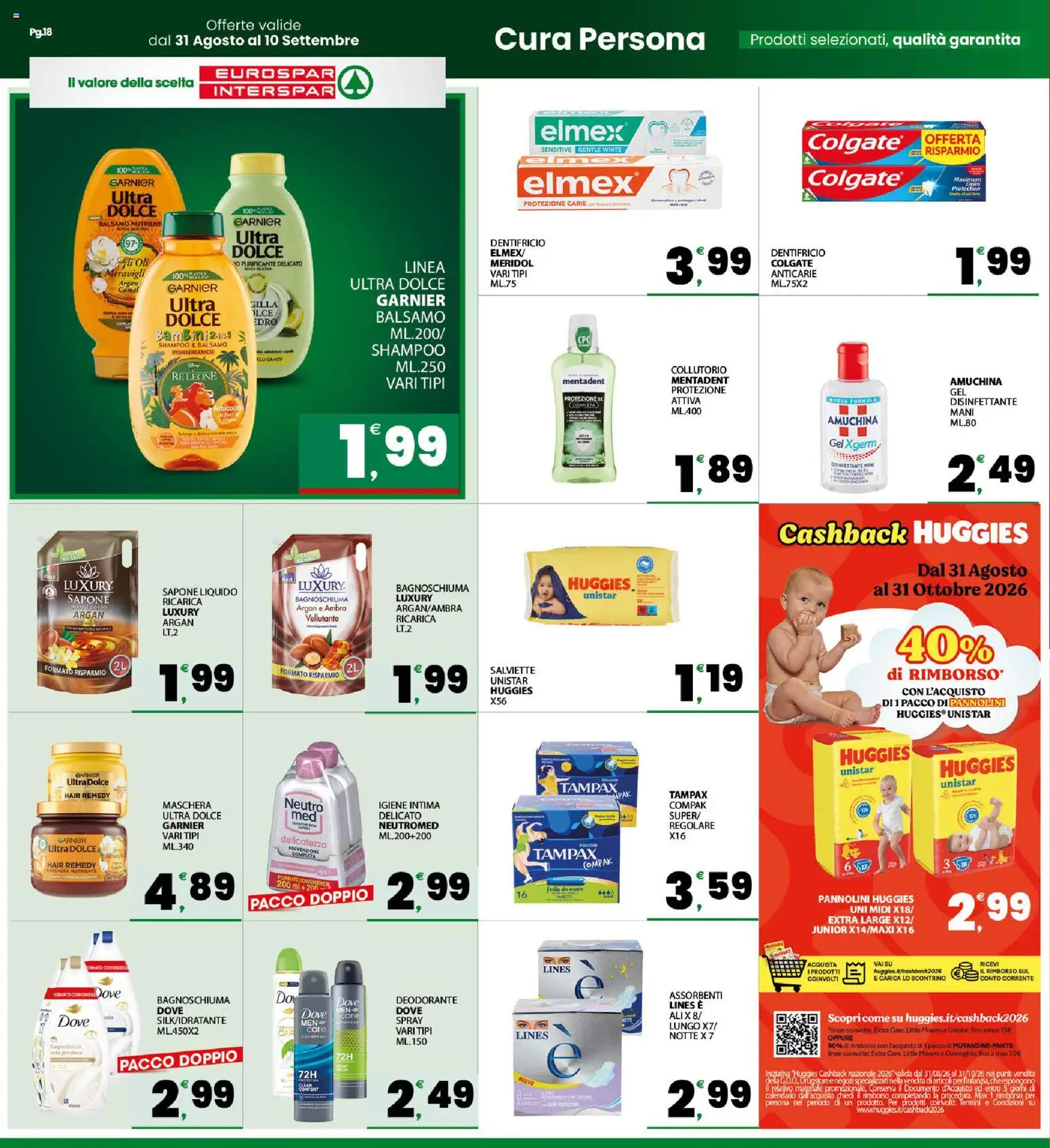 Volantino Eurospar del 31/08/2026 | Pagina: 18 | Prodotti: Balsamo, Deodorante, Dentifricio, Assorbenti