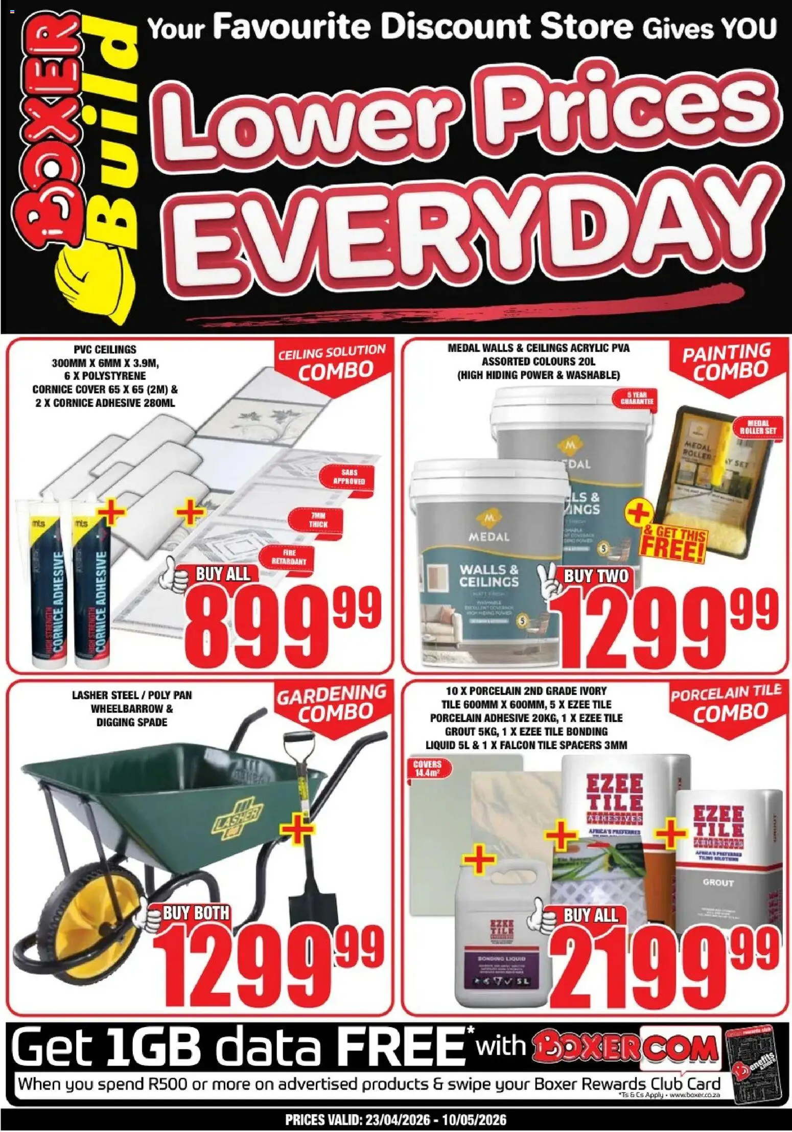 New Boxer catalogue – valid from 23.04.2026 | Page: 1 | Products: Cover, Tile grout, Adhesive, Wheelbarrow