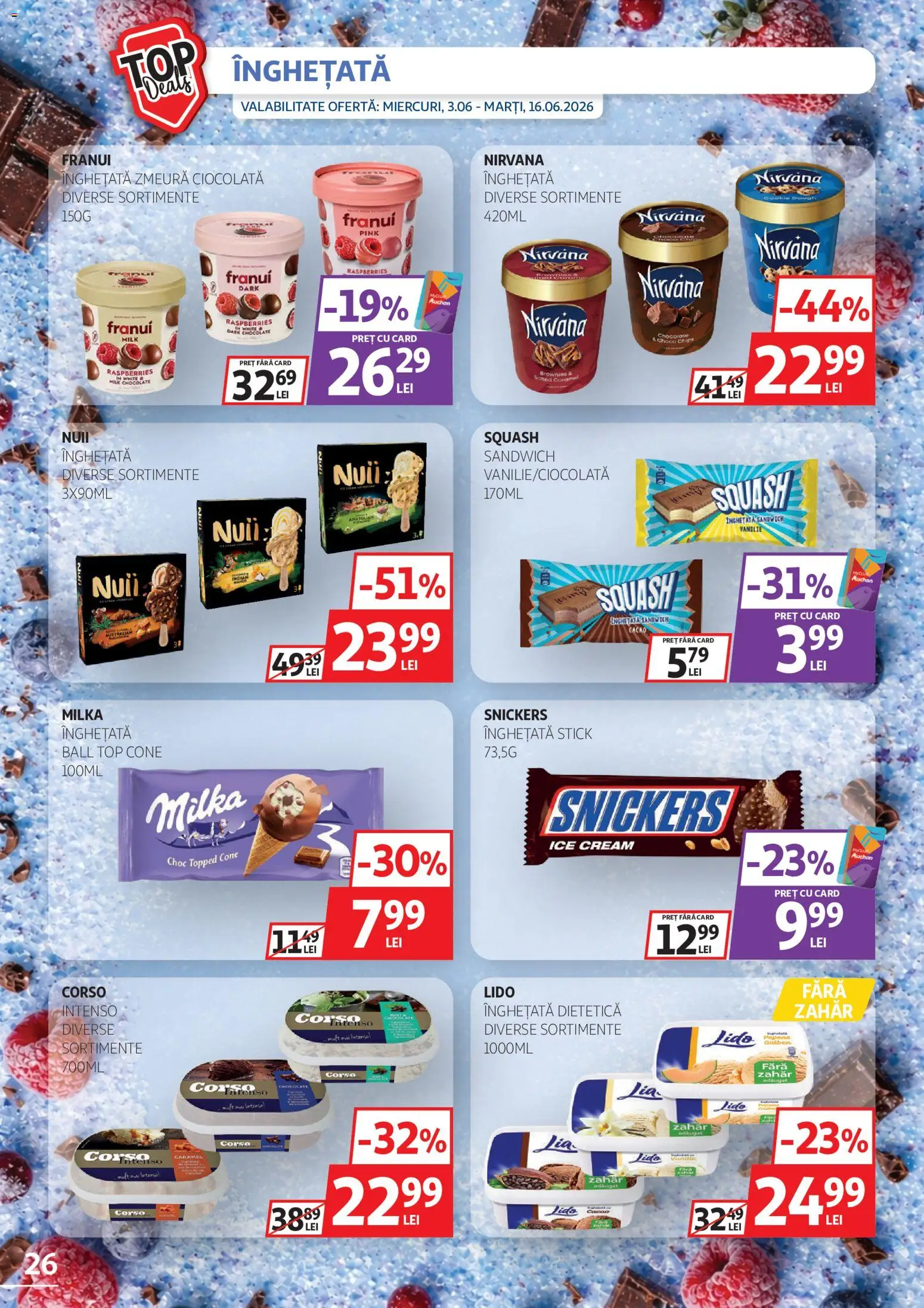 Noul catalog Auchan – valabil de la 03.06.2026 | Pagină: 26 | Produse: Top, Ciocolată, Înghețată, Zahăr