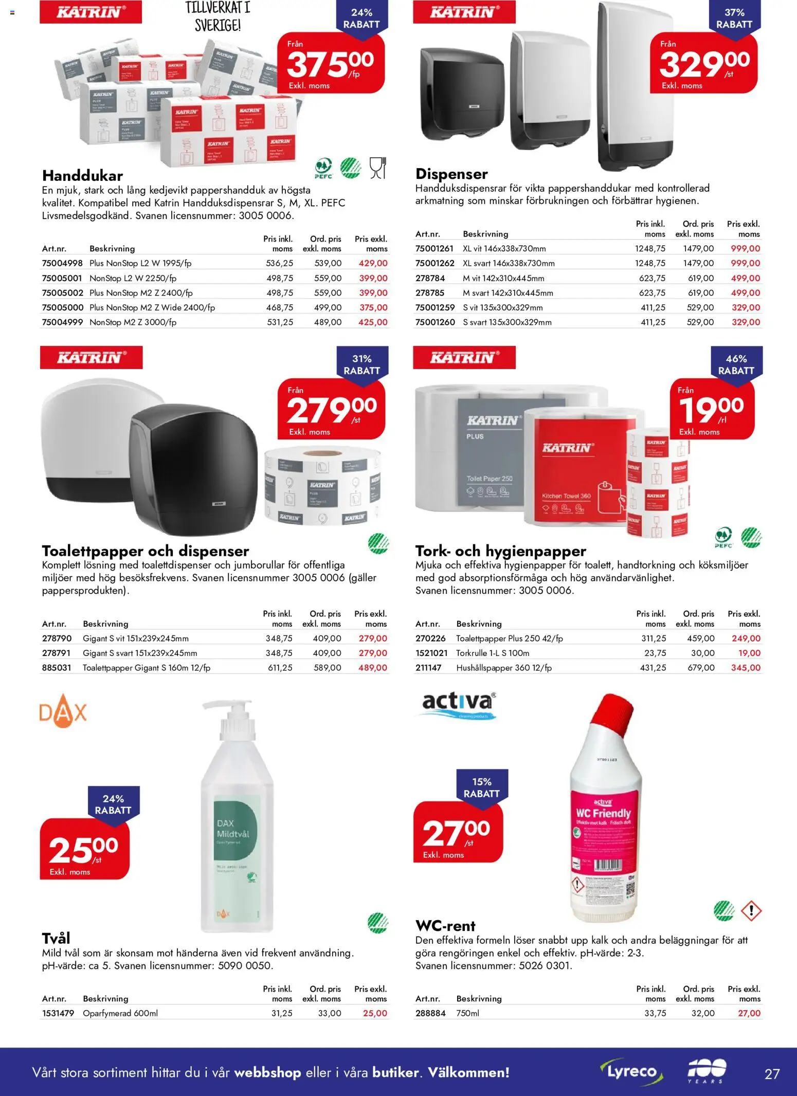 Lyreco reklamblad aktuell från 01/10/2026 | Sida: 27 | Produkter: Pappershanddukar, Toalettpapper, Hushållspapper, Galler