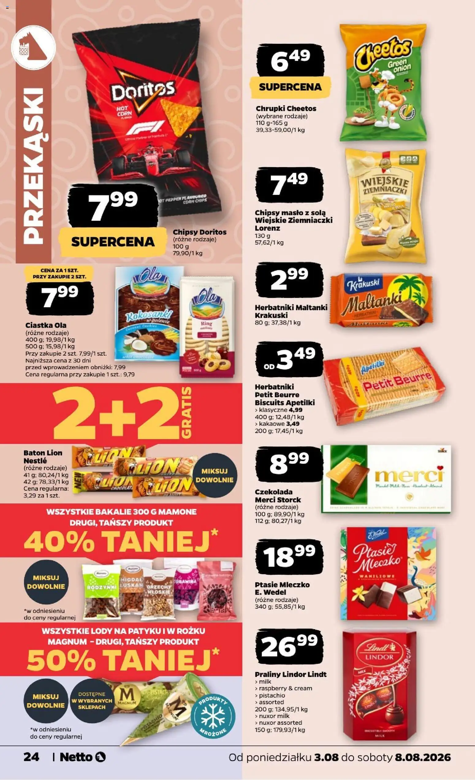 Netto gazetka od poniedziałku od 03.08.2026 | Strona: 24 | Produkty: Chipsy, Praliny, Merci, Orzechy