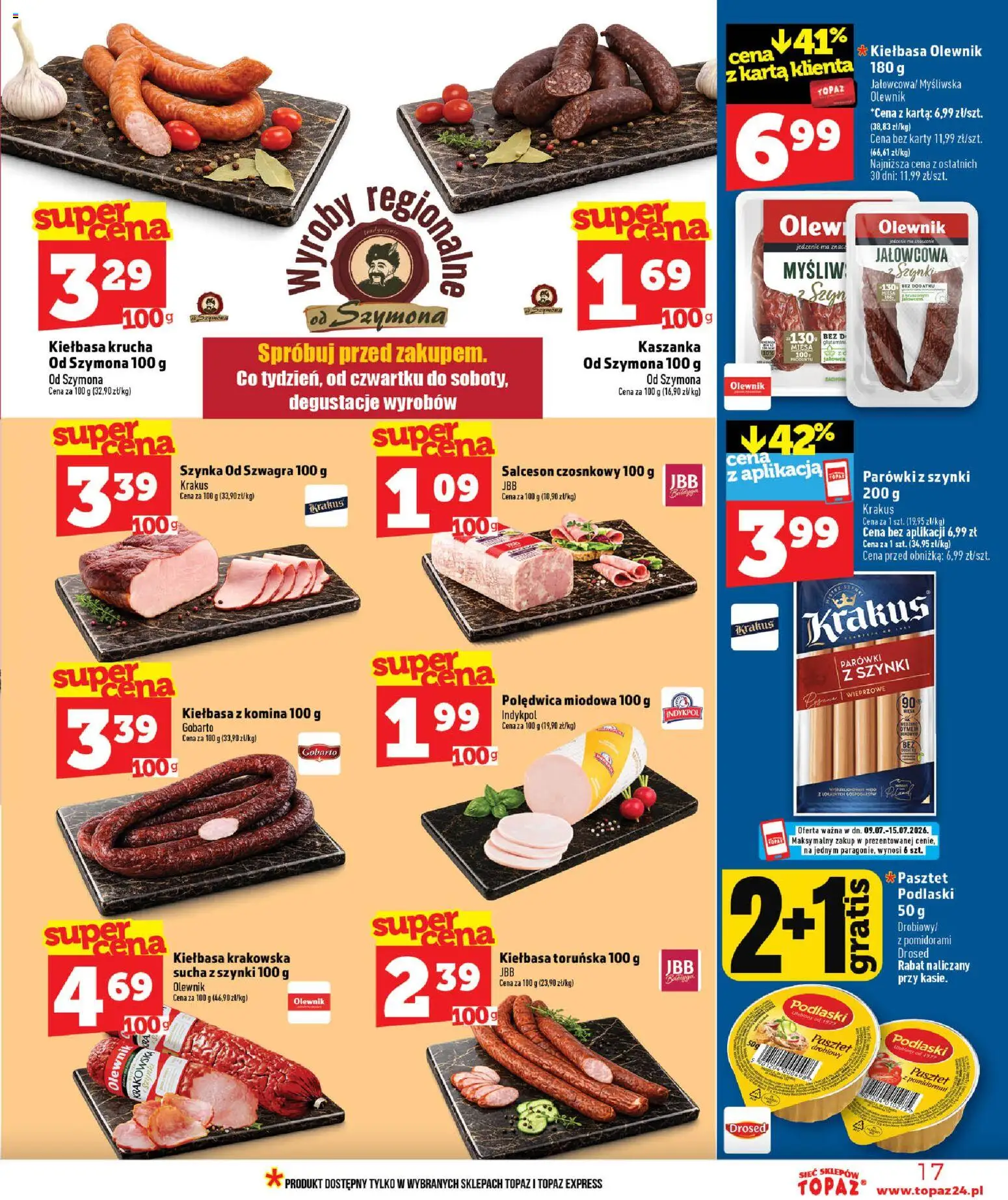 Topaz gazetka - MAZ od 09.07.2026 | Strona: 17 | Produkty: Kiełbasa, Myśliwska, Parówki, Kaszanka
