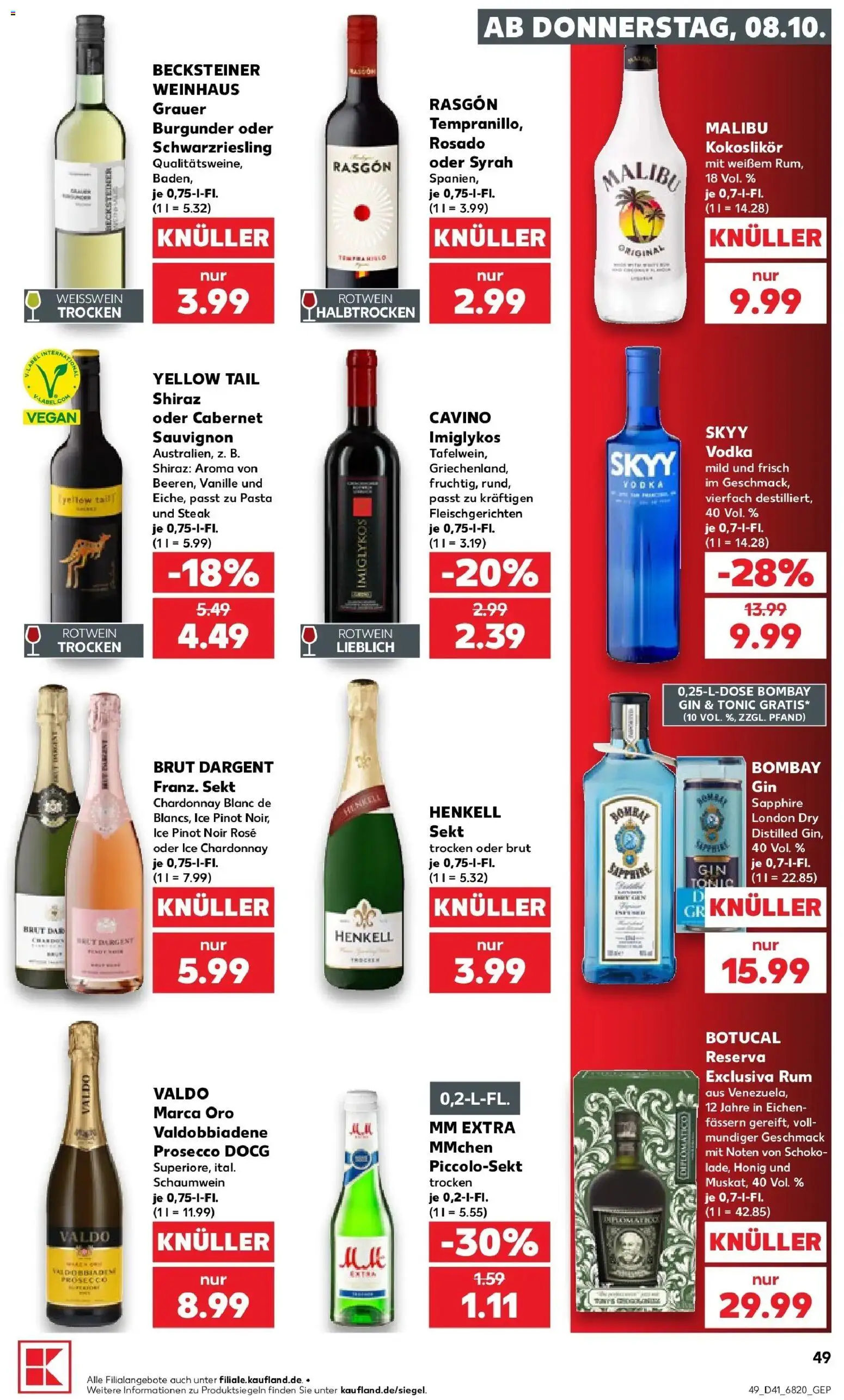 Kaufland Prospekt Schwaigern – gültig ab 08.10.2026 | Seite: 49 | Produkte: Rotwein, Rum, Brut dargent, Vodka