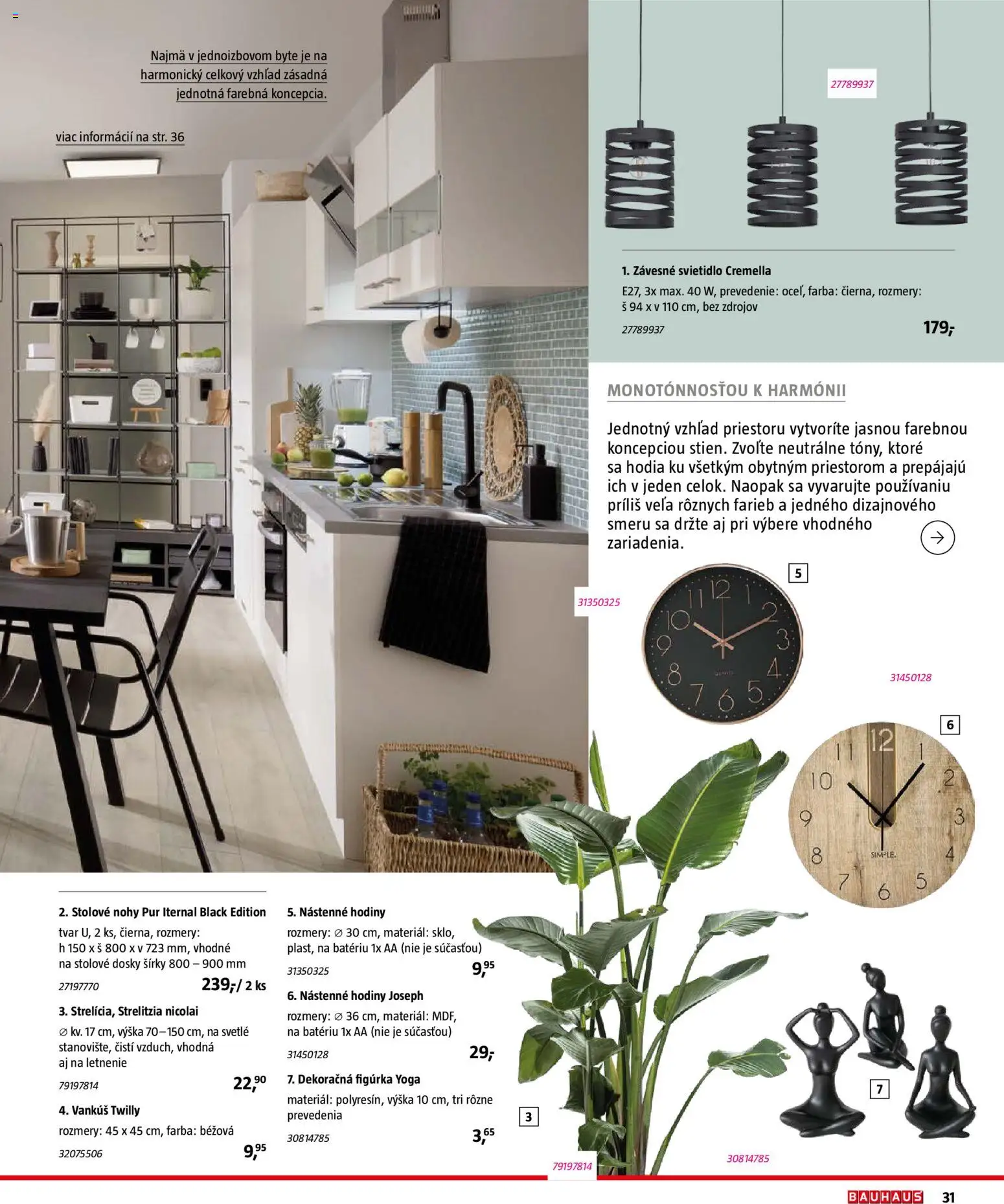 Nové Bauhaus akcie – leták je platný od 03.08.2026 | Strana: 31 | Produkty: Vankúš, Závesné svietidlo, Nástenne hodiny, Hodiny