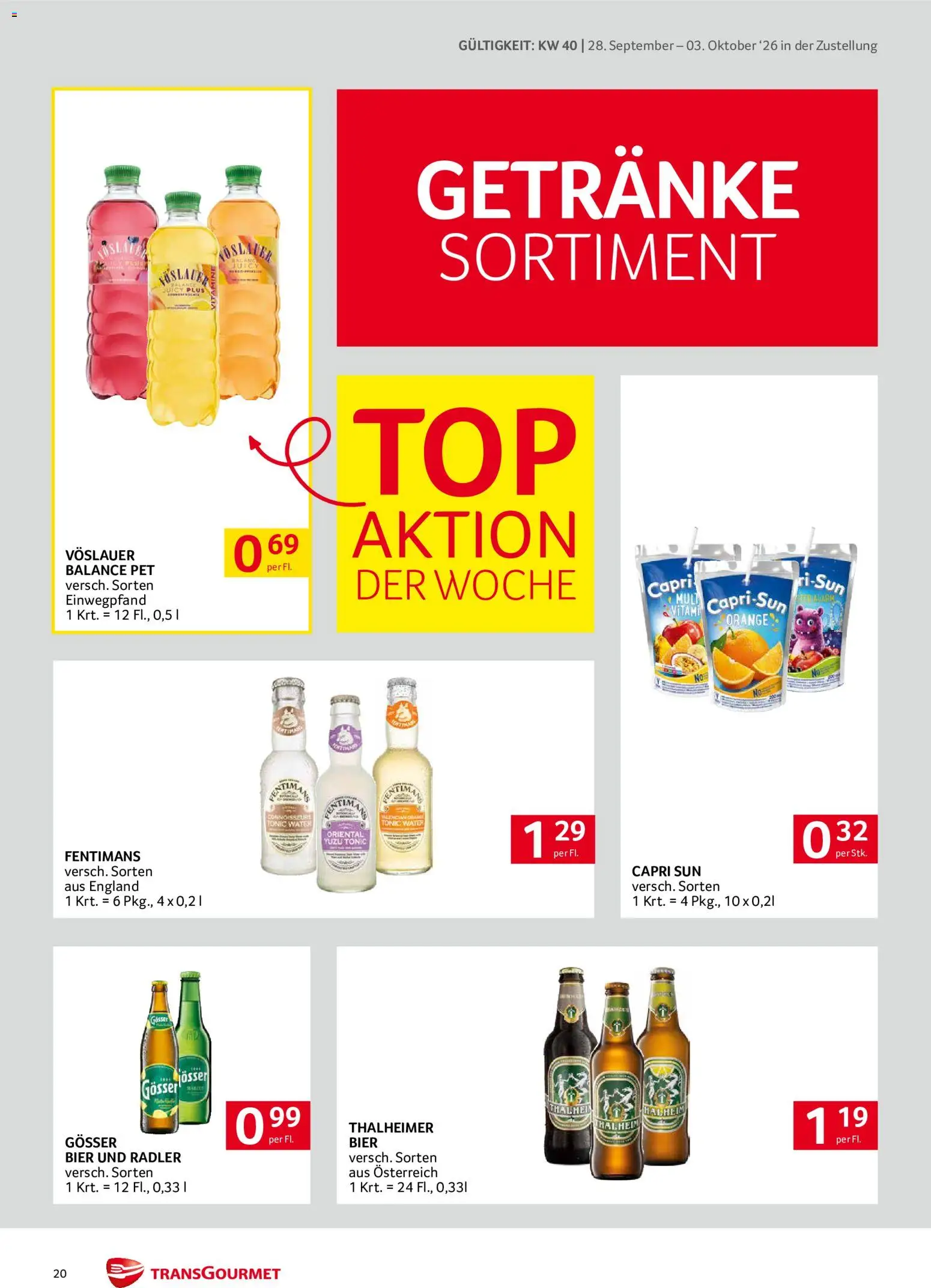 Transgourmet Zustellaktion gültig ab 28.09.2026 | Seite: 20 | Produkte: Getränke, Mais, Radler, Bier