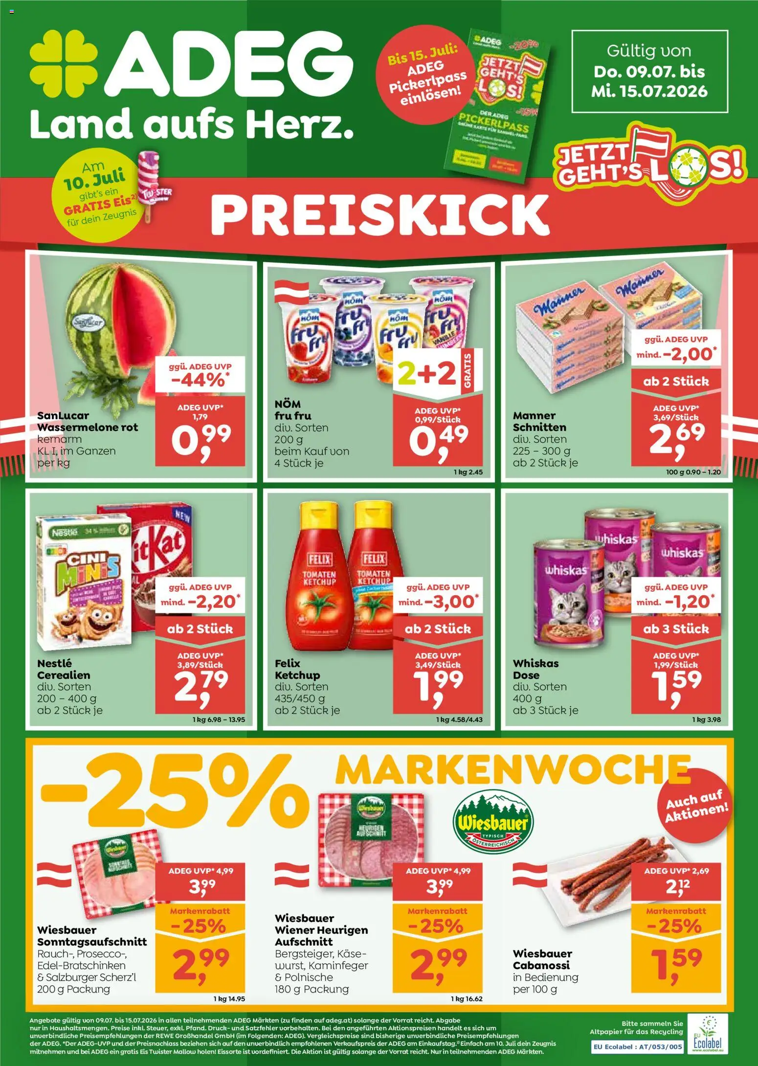 ADEG Flugblatt gültig ab 09.07.2026 | Seite: 1 | Produkte: Ketchup, Eis, Wassermelone, Käse