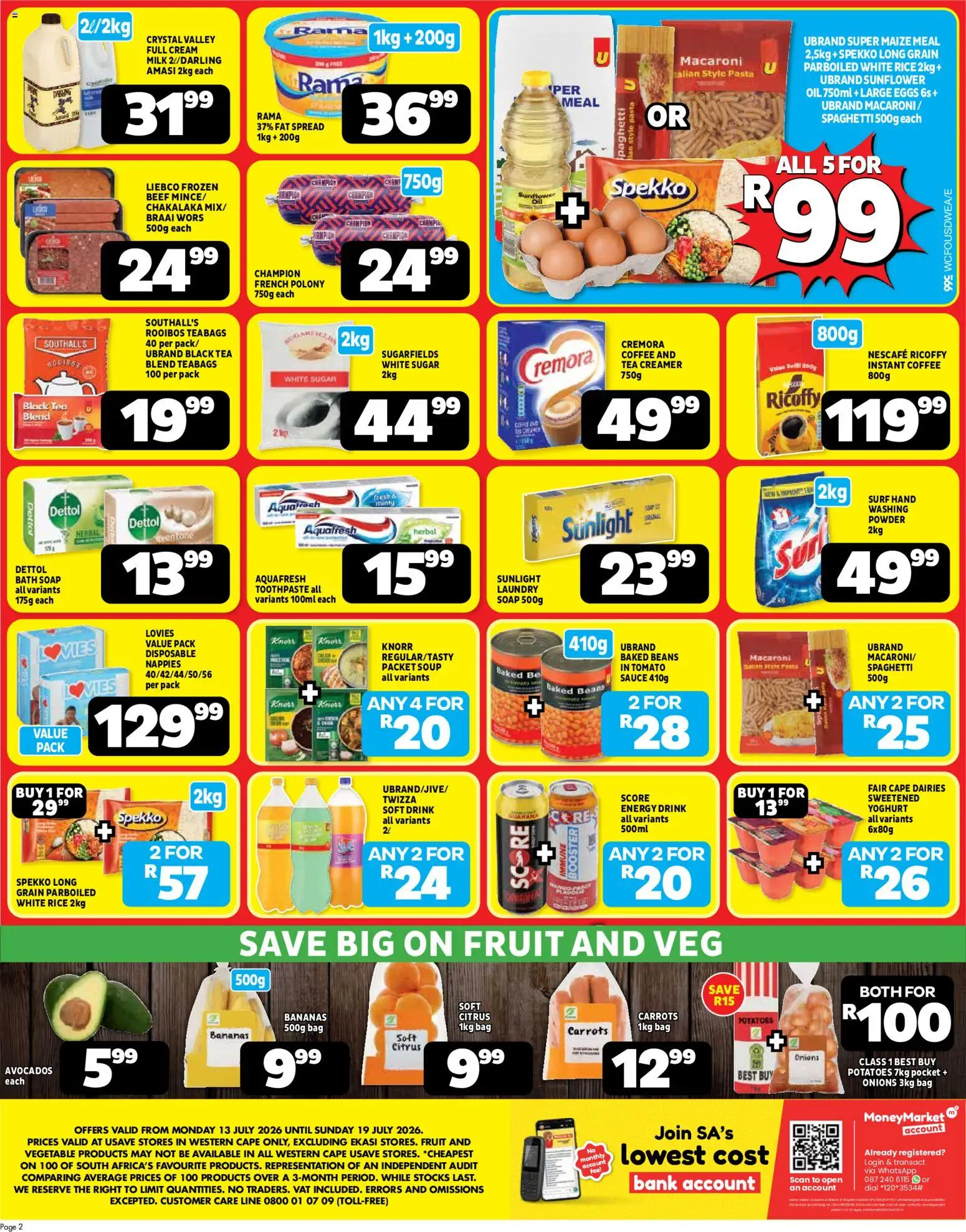 New Usave catalogue – valid from 13/07/2026 | Page: 2 | Products: Yoghurt, Maize meal, Coffee, Bananas