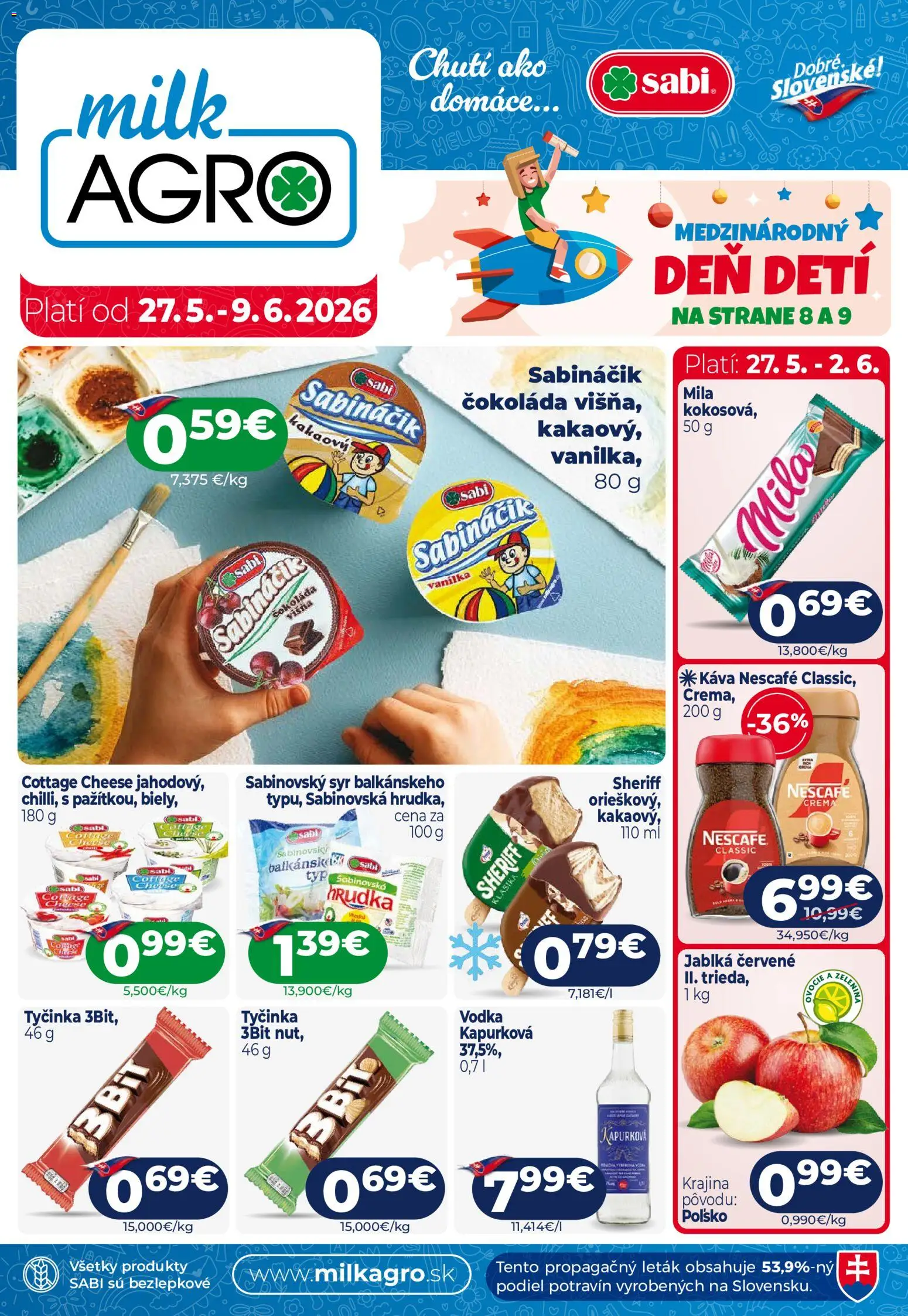 Nové Milk Agro akcie – leták je platný od 27.05.2026 | Strana: 1 | Produkty: Káva, Jablká, Mila, Nescafé Crema