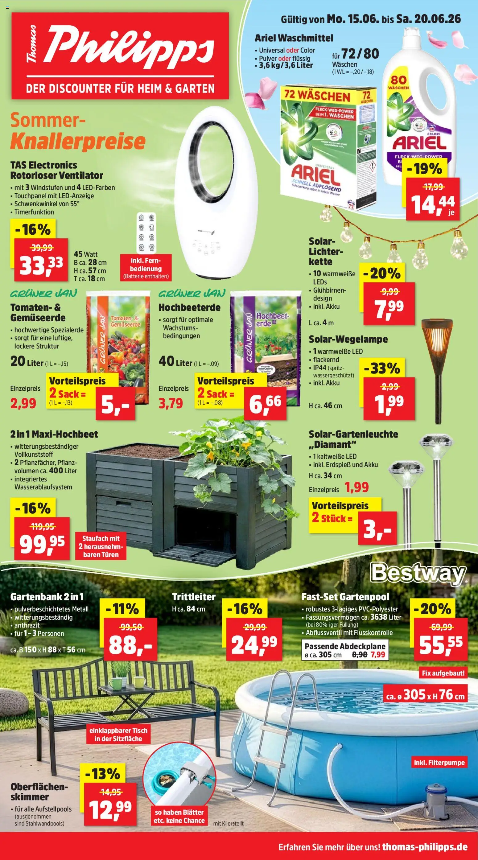 Thomas Philipps Prospekt – gültig ab 15.06.2026 | Seite: 1 | Produkte: Hochbeet, Ventilator, Tisch, Wasser