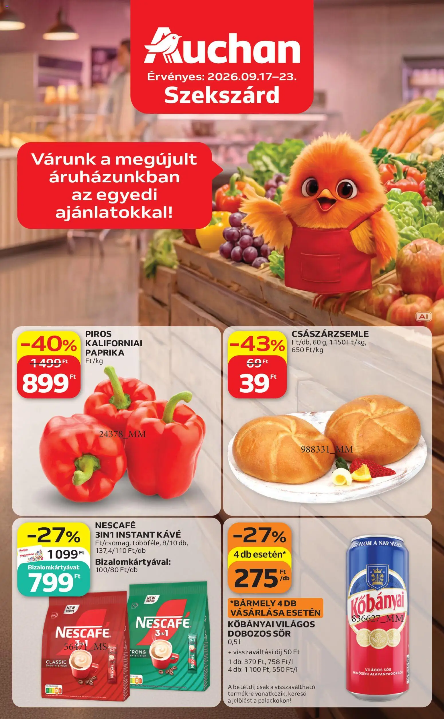 Auchan akciós ujság - amely érvényes a következő dátumtól: 2026.09.17. | Oldal: 1 | Termékek: Kőbányai, Világos sör, Kávé, Dobozos sör
