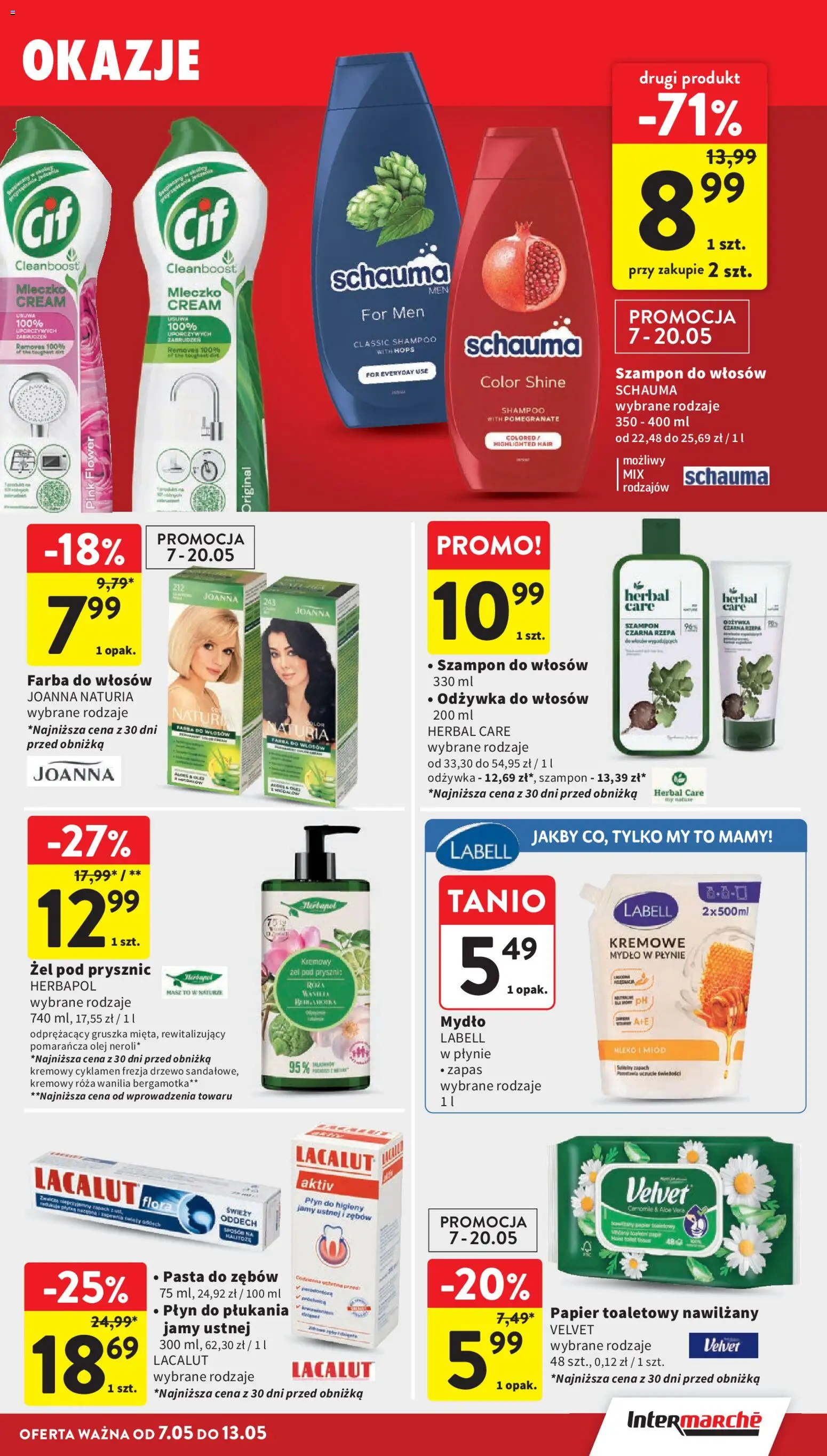 Intermarche gazetka od 07.05.2026 | Strona: 39 | Produkty: Kremowe mydło w płynie, Papier toaletowy, Odżywka do włosów, Mydło