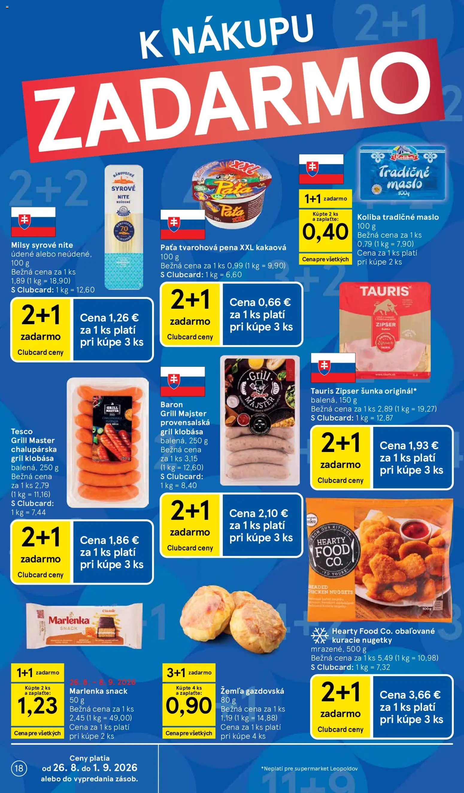 Nové Tesco akcie – leták je platný od 26.08.2026 | Strana: 18 | Produkty: Gril, Klobása, Marlenka, Pena