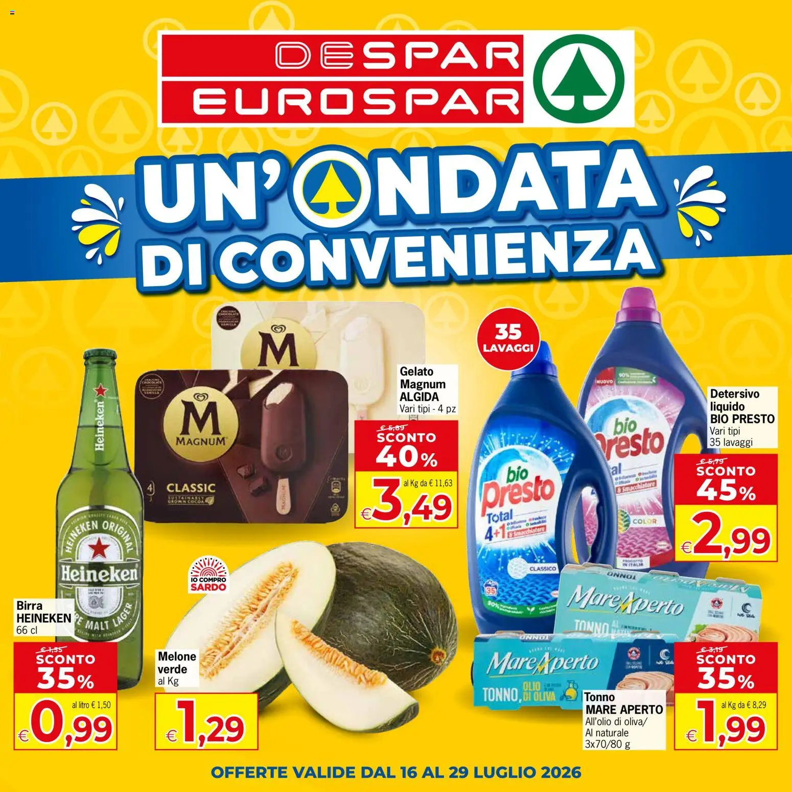 Volantino Eurospar del 16/07/2026 | Pagina: 1 | Prodotti: Birra, Gelato, Melone, Tonno
