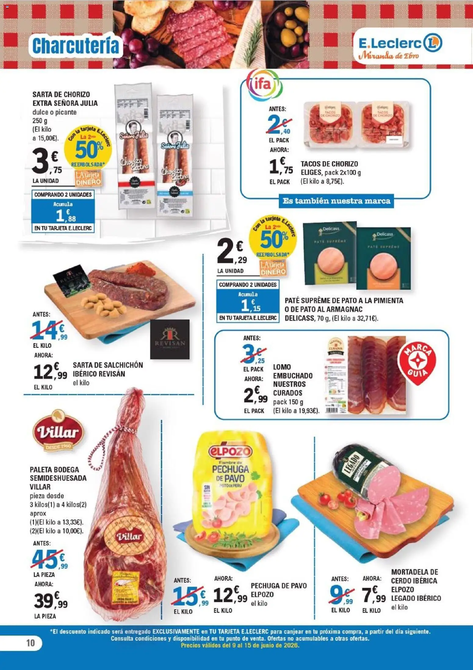 E.Leclerc Miranda de Ebro │ válido desde el 09.06.2026 | Página: 10 | Productos: Cerdo, Paté, Tacos, Mortadela