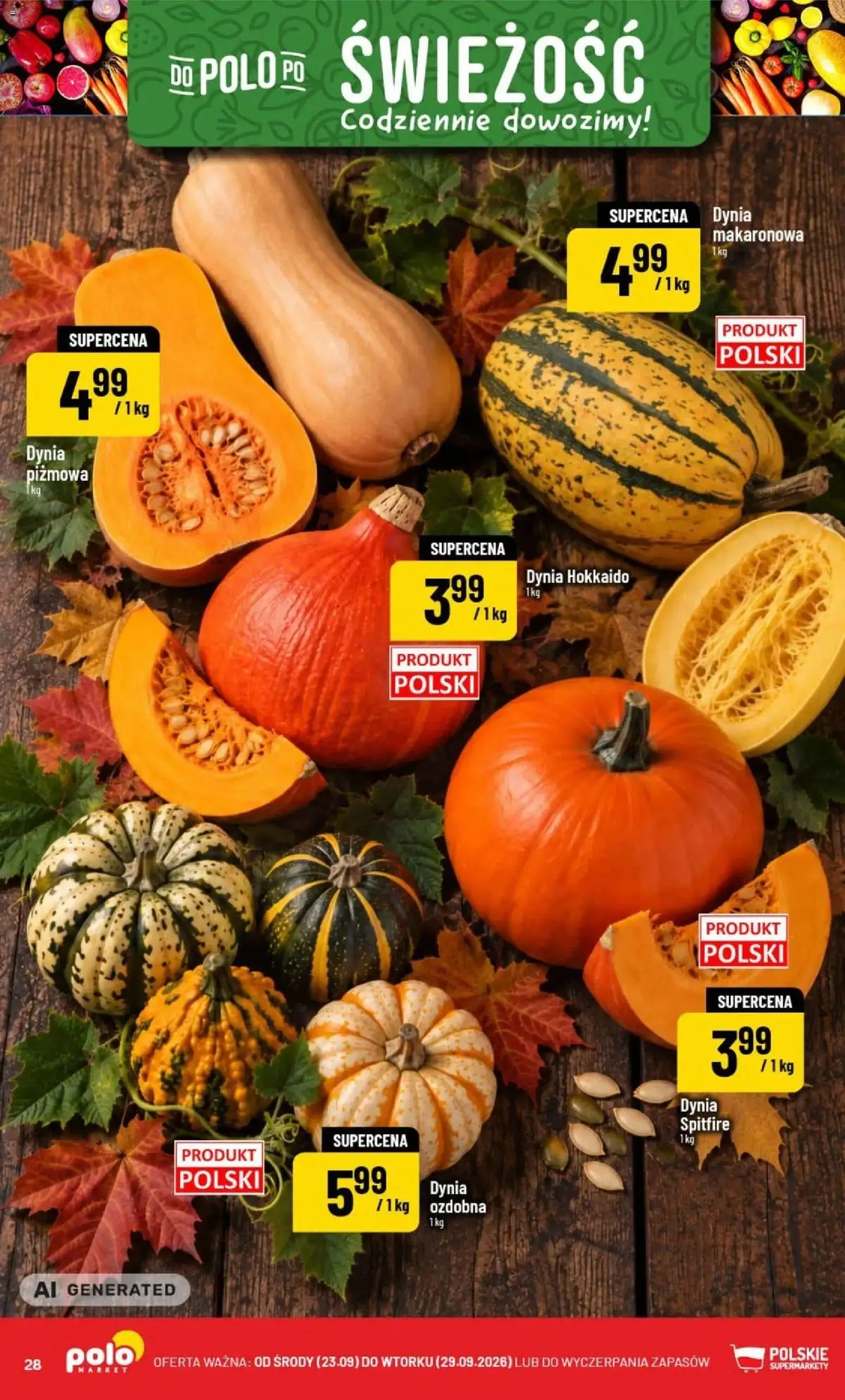 Nowa POLOmarket gazetka od jutra 23.09.2026 | Strona: 28 | Produkty: Dynia, Dynia Hokkaido, Dynia piżmowa