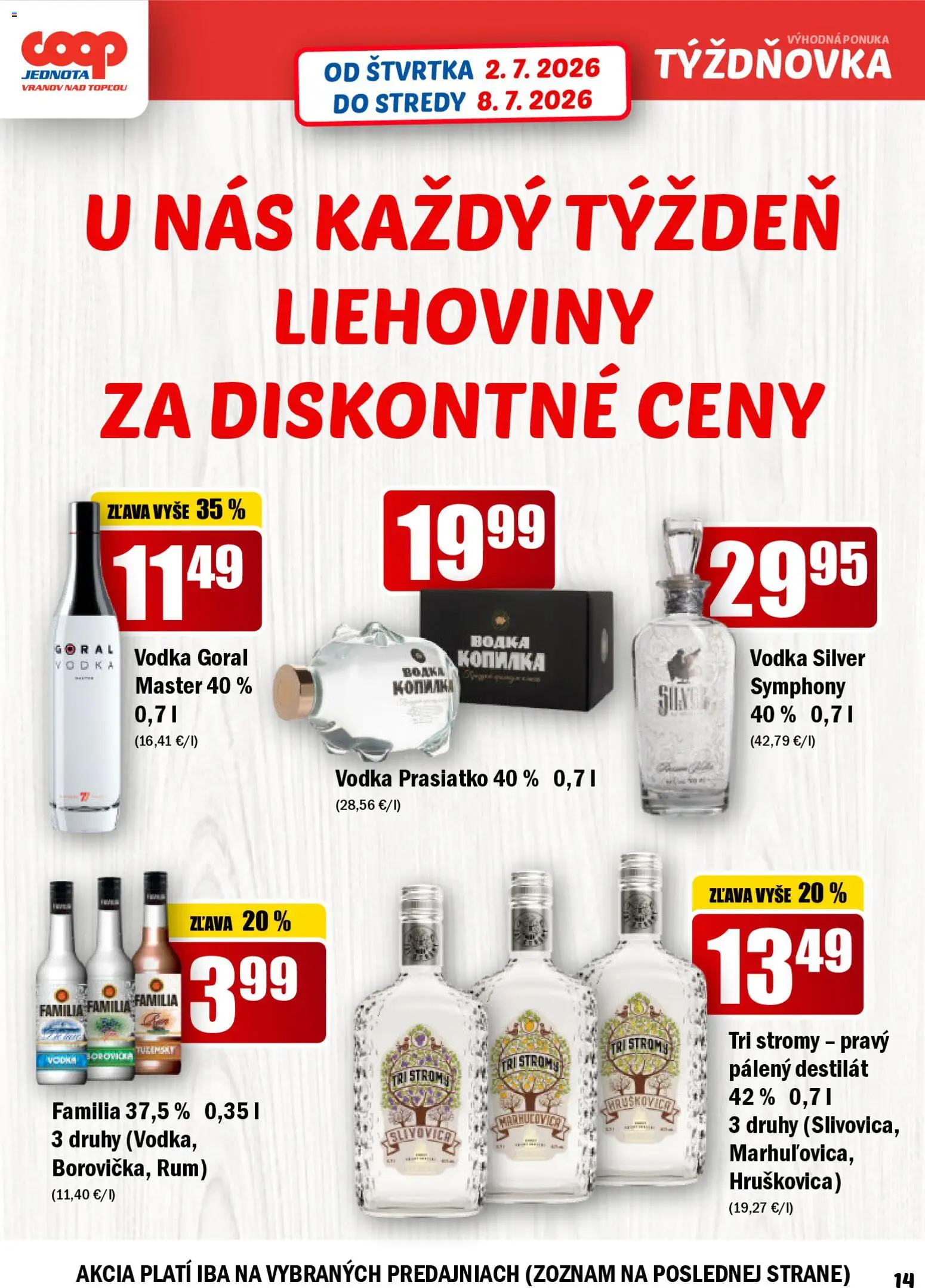 Nové COOP Jednota akcie – leták je platný od 02.07.2026 | Strana: 14 | Produkty: Vodka, Destilát, Rum