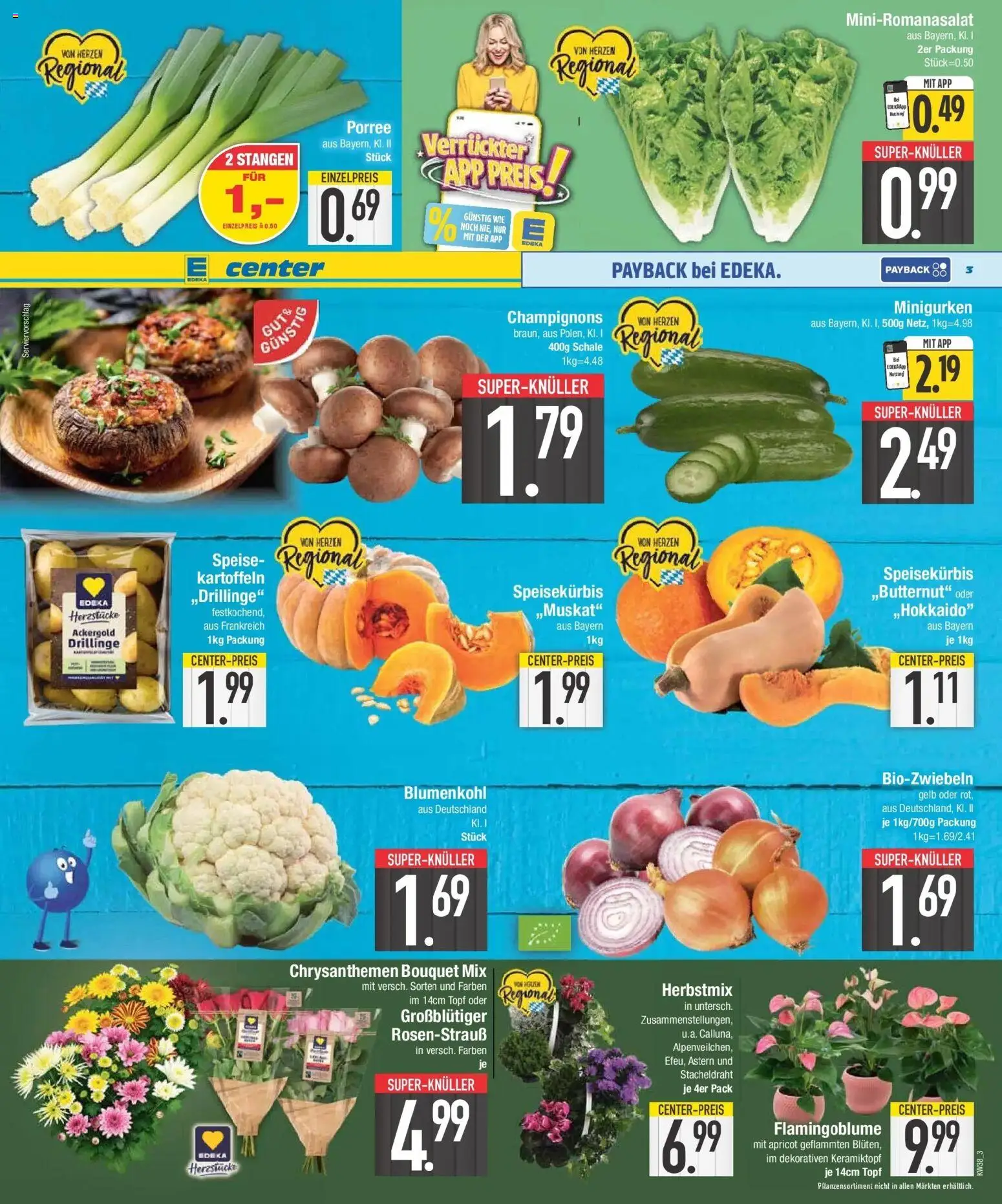 E center Prospekt München (ab 14.09.2026) zum Blättern | Seite: 3 | Produkte: Champignons, Kartoffeln, Blumenkohl