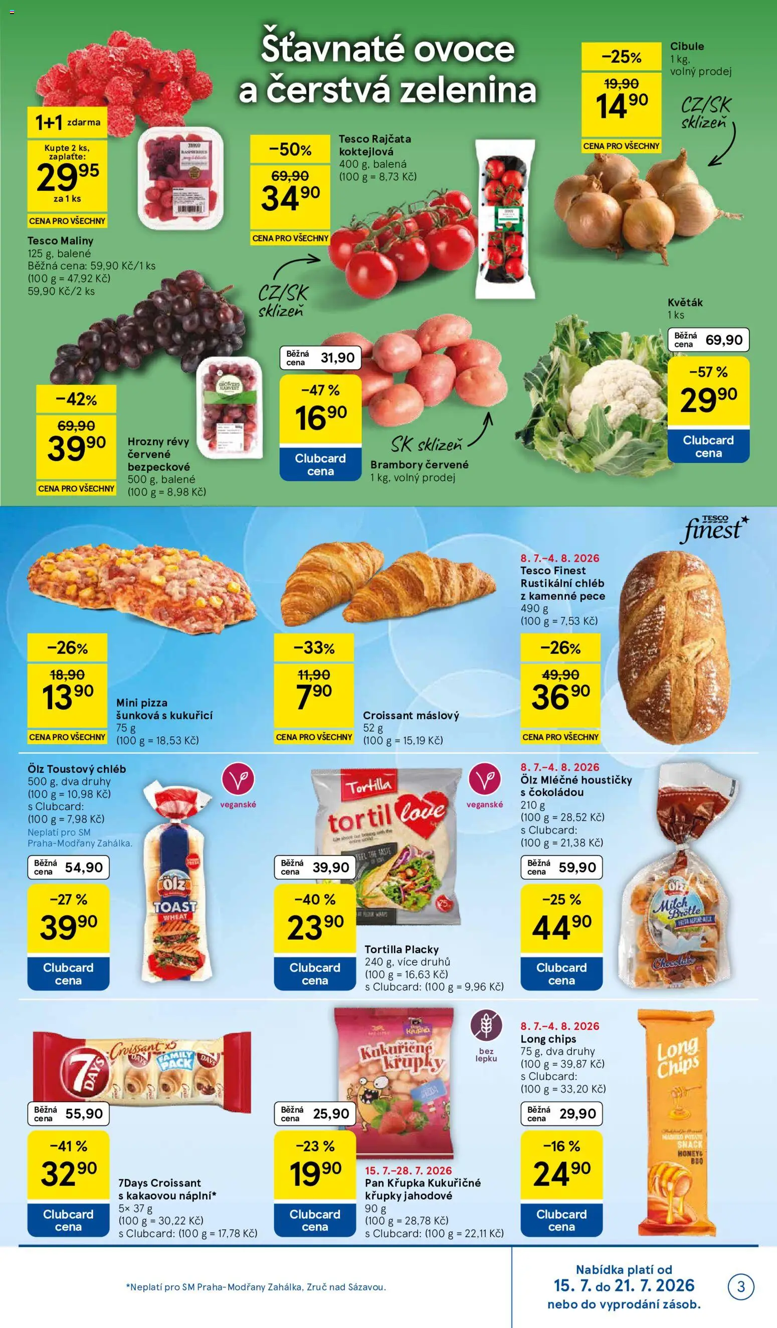 Tesco leták - Supermarket od 15.07.2026 | Strana: 3 | Produkty: Long chips, Květák, Tortilla wraps, Maliny