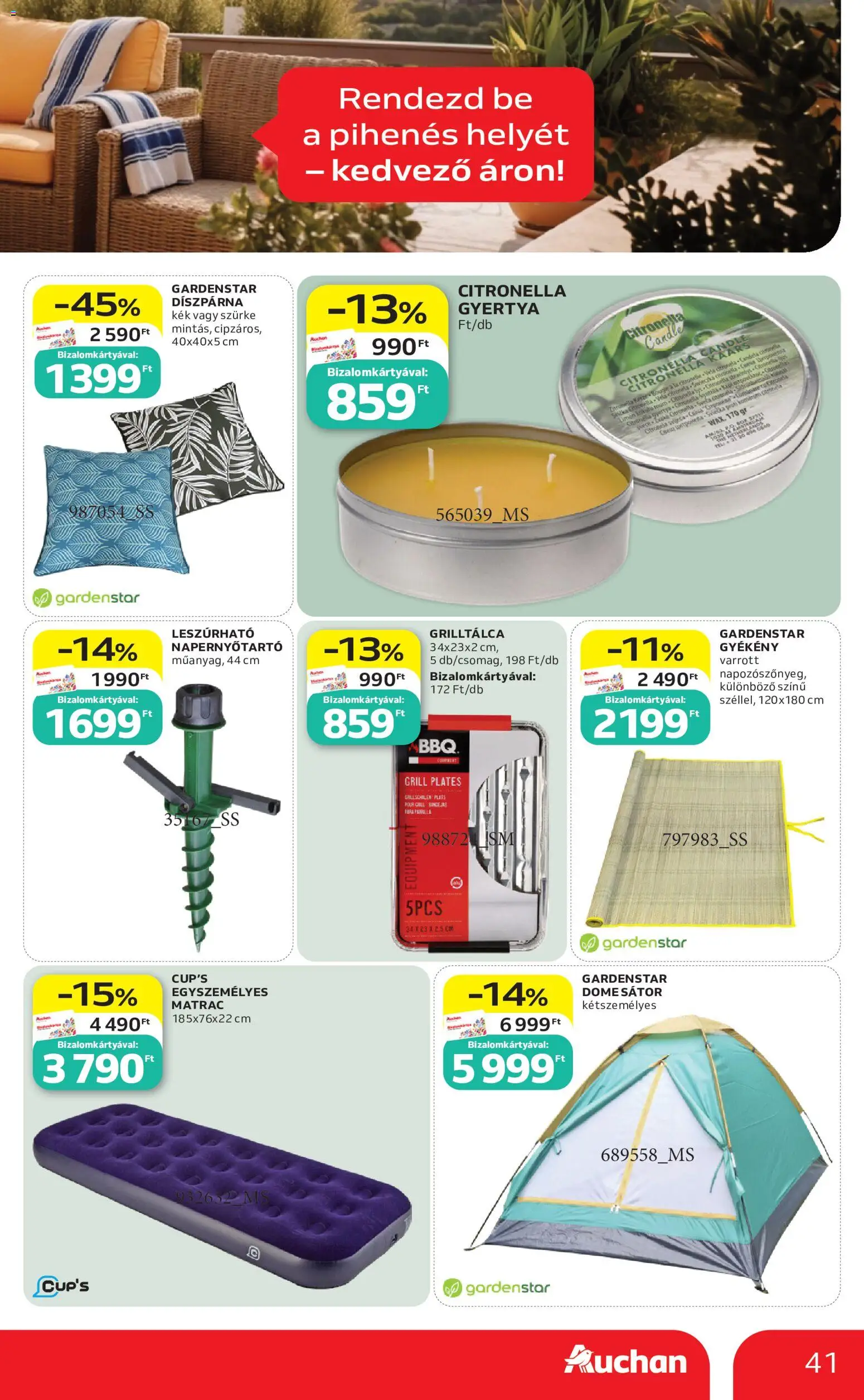 Auchan akciós ujság - amely érvényes a következő dátumtól: 2026.07.09. | Oldal: 41 | Termékek: Grilltálca, Grill, Sátor, Díszpárna