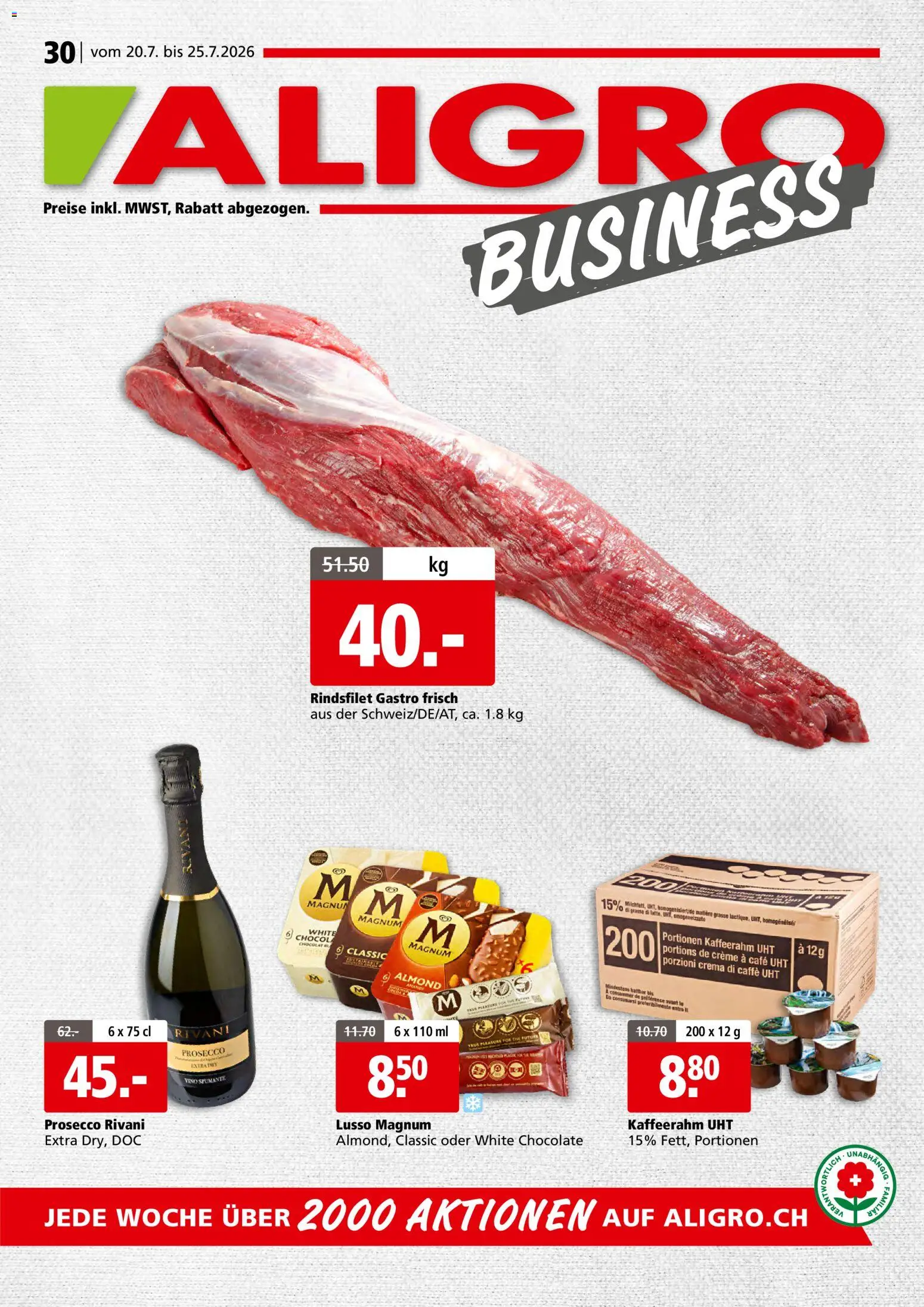 Aligro aktionen Business Schlieren, Gossau SG, Frauenfeld, Rapperswil-Jona, Sargans, Bern – gültig ab 20.07.2026 | Seite: 1 | Produkte: En Kommode, Öl, Creme