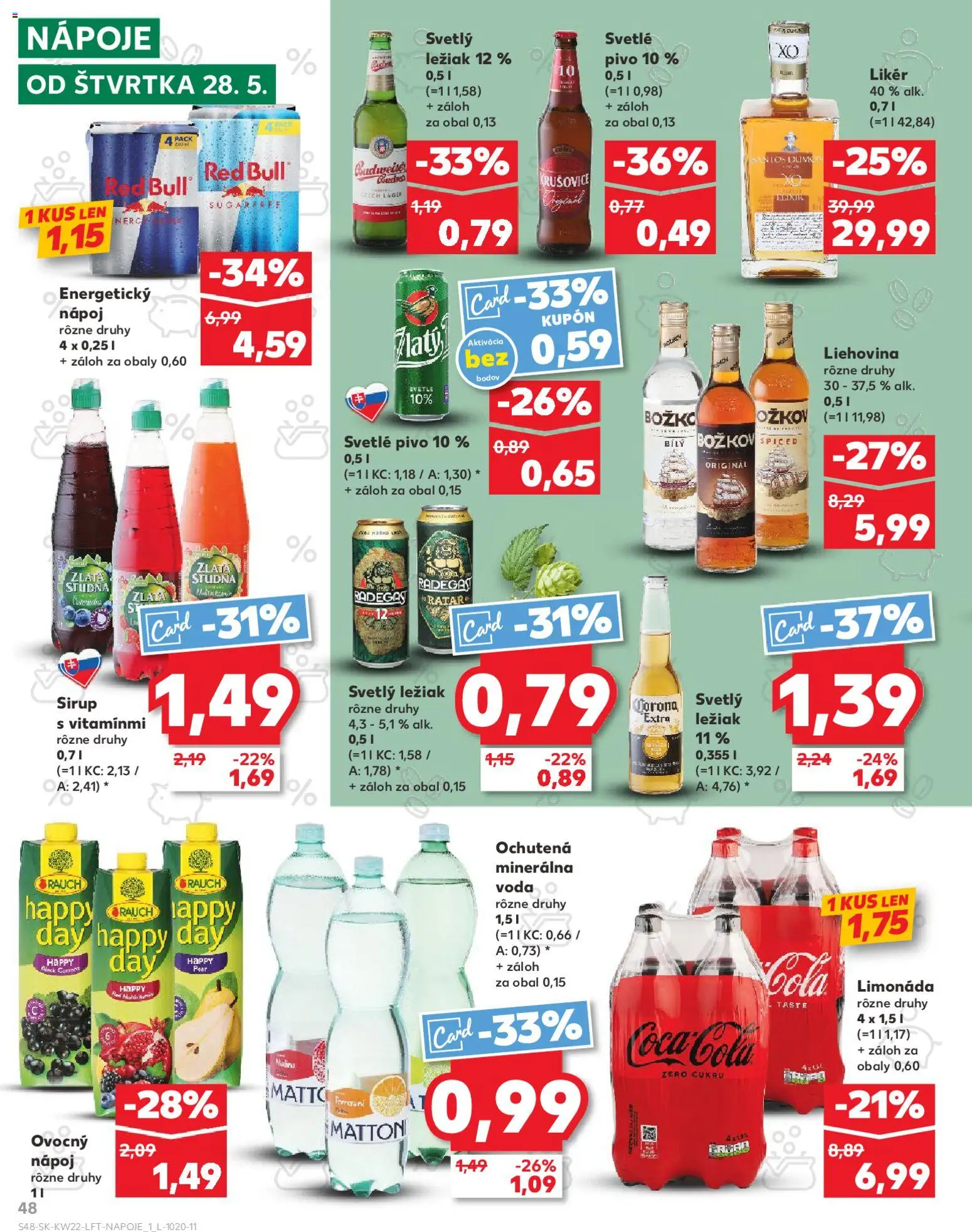 Nové Kaufland akcie – leták je platný od 28.05.2026 | Strana: 48 | Produkty: Pivo, Božkov, Red Bull, Energetický nápoj
