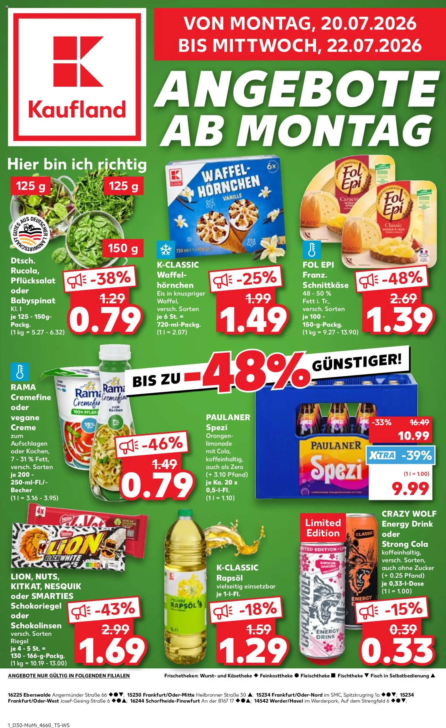 Kaufland Prospekt Frankfurt (Oder) – gültig ab 20.07.2026 | Seite: 1 | Produkte: Rama, Zucker, Eis, Paulaner