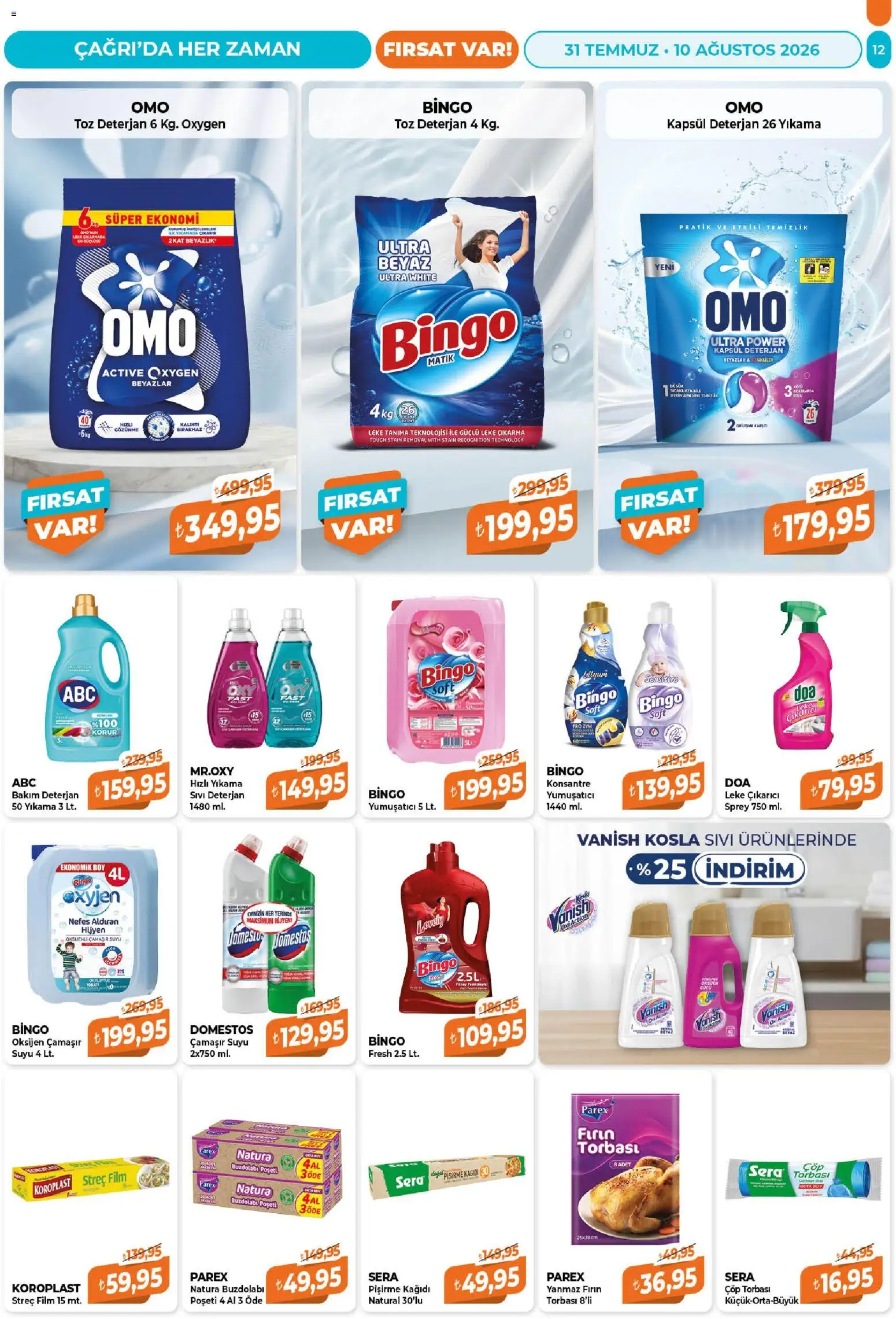 Çağrı Market Katalog - 31 Temmuz 2026 tarihinden itibaren geçerlidir | Sayfa: 12 | Ürünler: Çöp torbası, Leke çıkarıcı, Deterjan, Buzdolabı