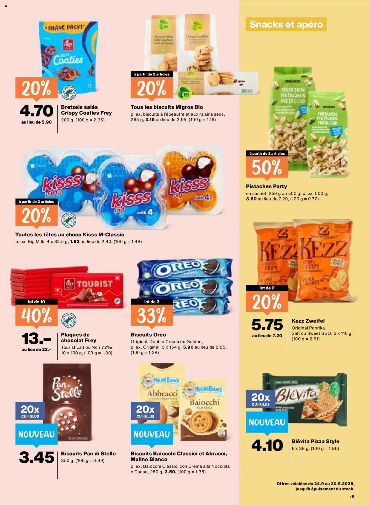 Migros aktionen FR – gültig ab 24.09.2026 | Seite: 15 | Produkte: Snacks, Pizza, Chips