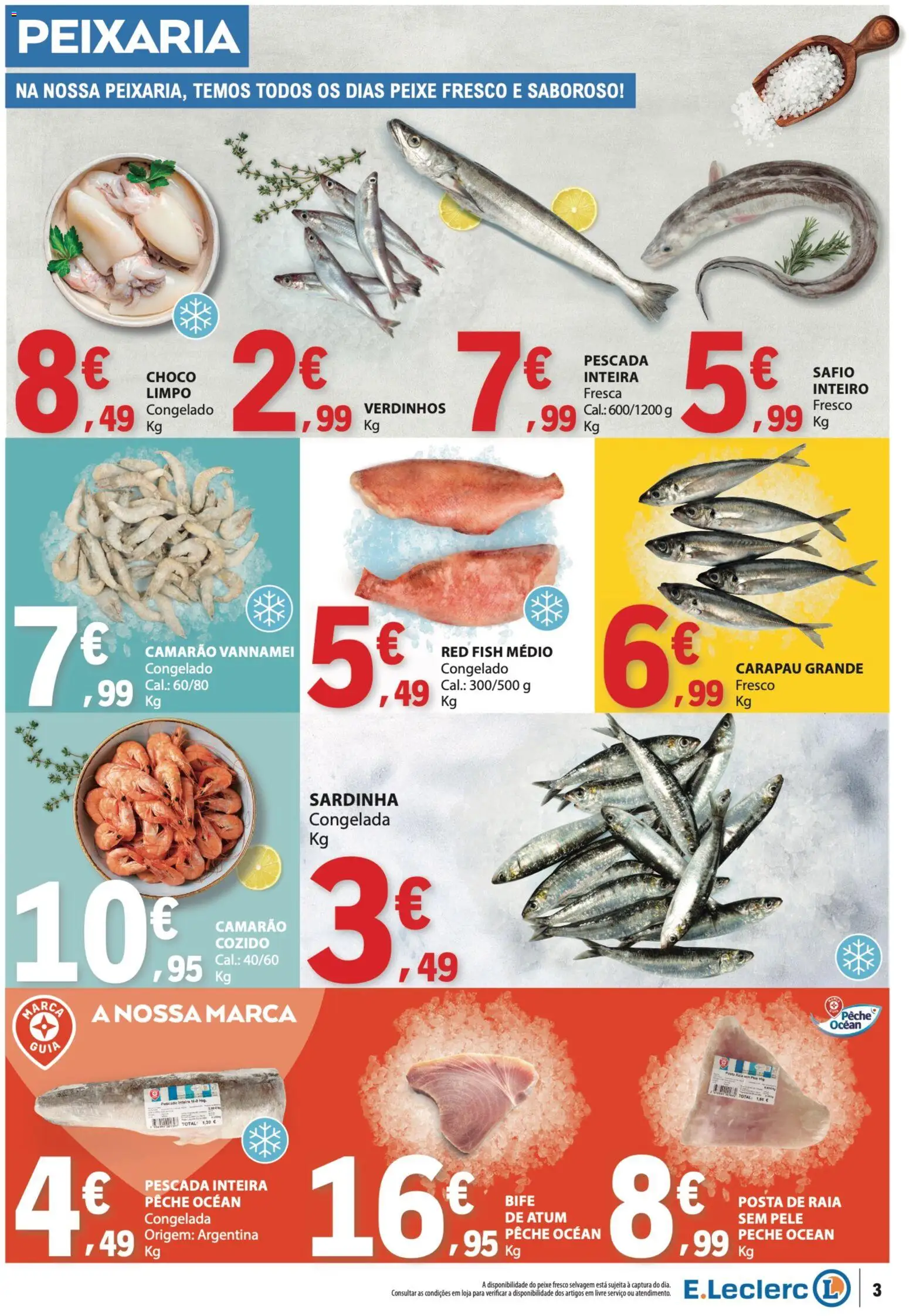 E.Leclerc folheto │ válido de 08/10/2026 | Página: 3 | Produtos: Pescada, Camarão, Peixe, Bife