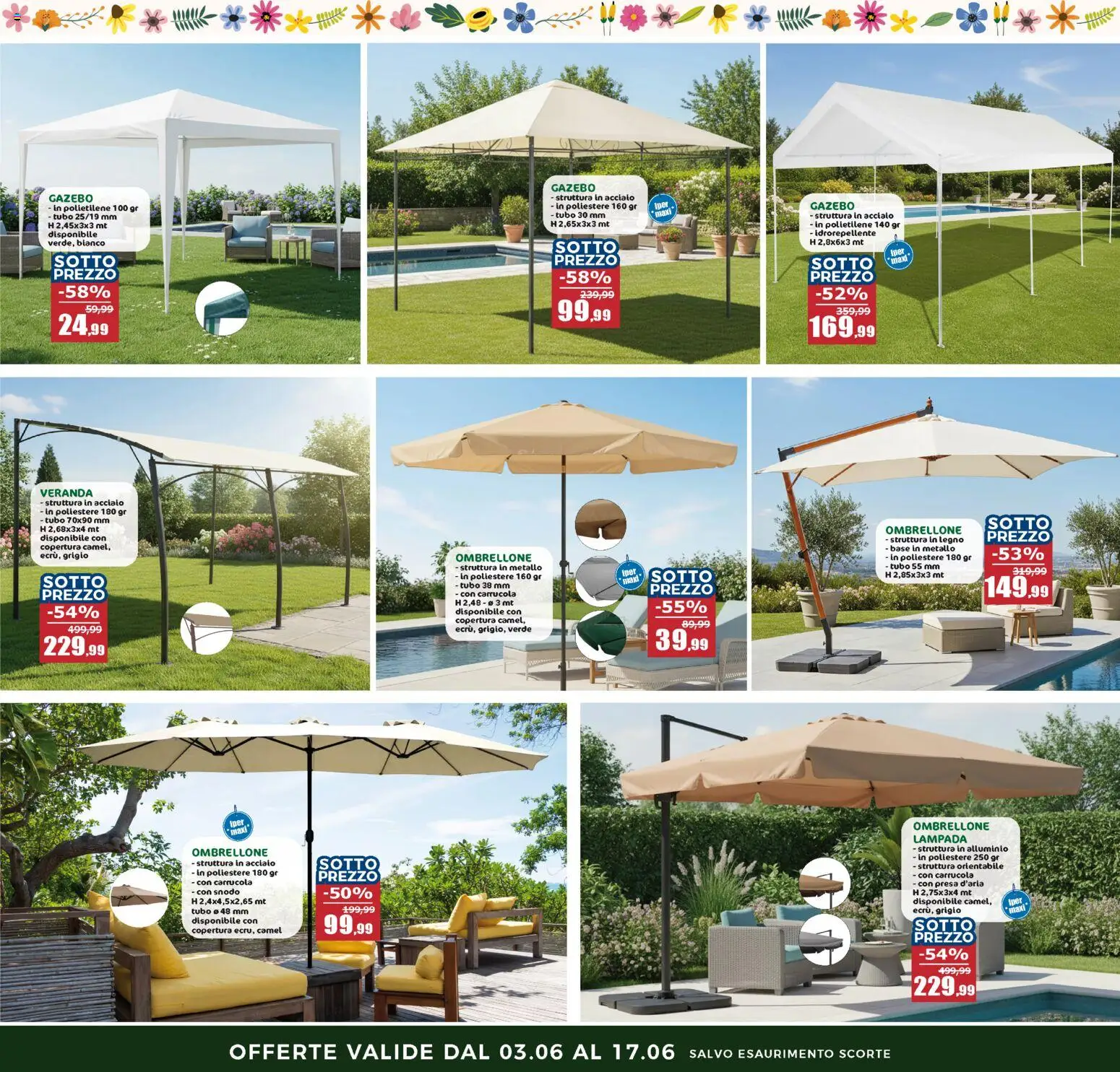 Volantino Happy Casa del 03.06.2026 | Pagina: 2 | Prodotti: Gazebo, Tubo, Alluminio, Lampada