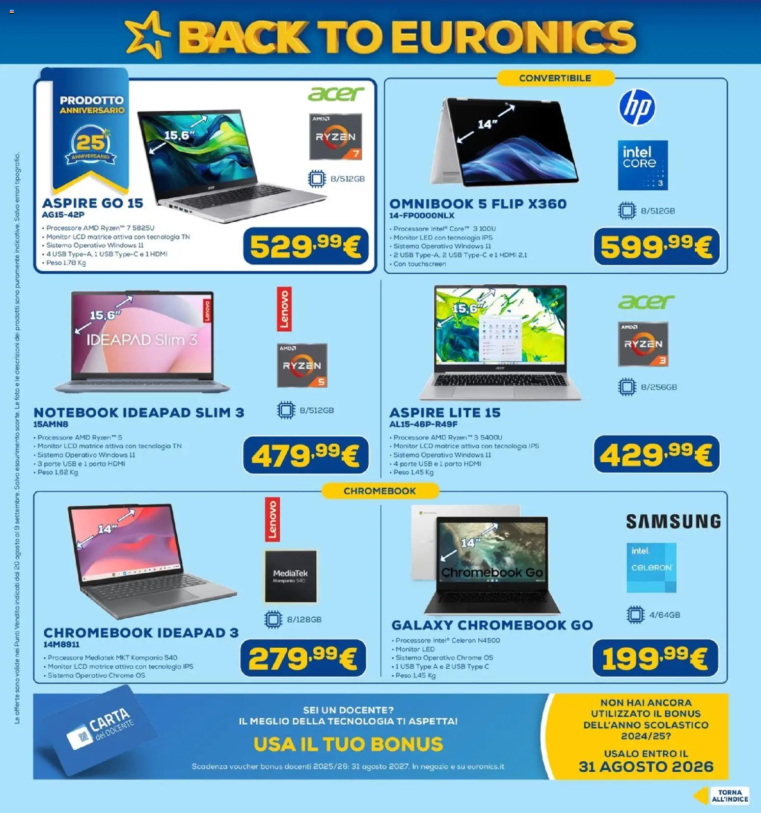 Volantino Euronics del 20/08/2026 | Pagina: 5 | Prodotti: Notebook, Porta, USB, Samsung