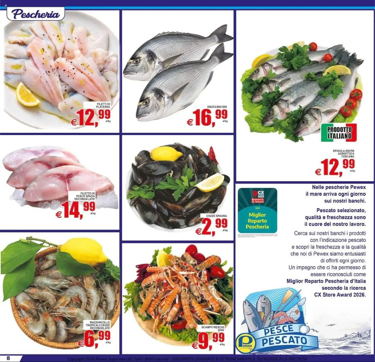 Volantino Pewex del 02/10/2026 | Pagina: 8 | Prodotti: Pesce, Mazzancolle, Spigola, Pesce spada
