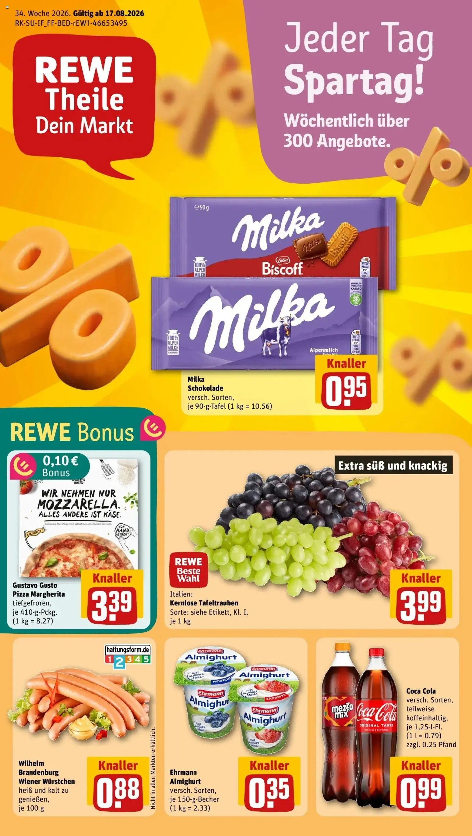 REWE Prospekt ab 17.08.2026 zum Blättern » Angebote | Seite: 1 | Produkte: Wiener wurstchen, Coca cola, Schokolade, Pizza