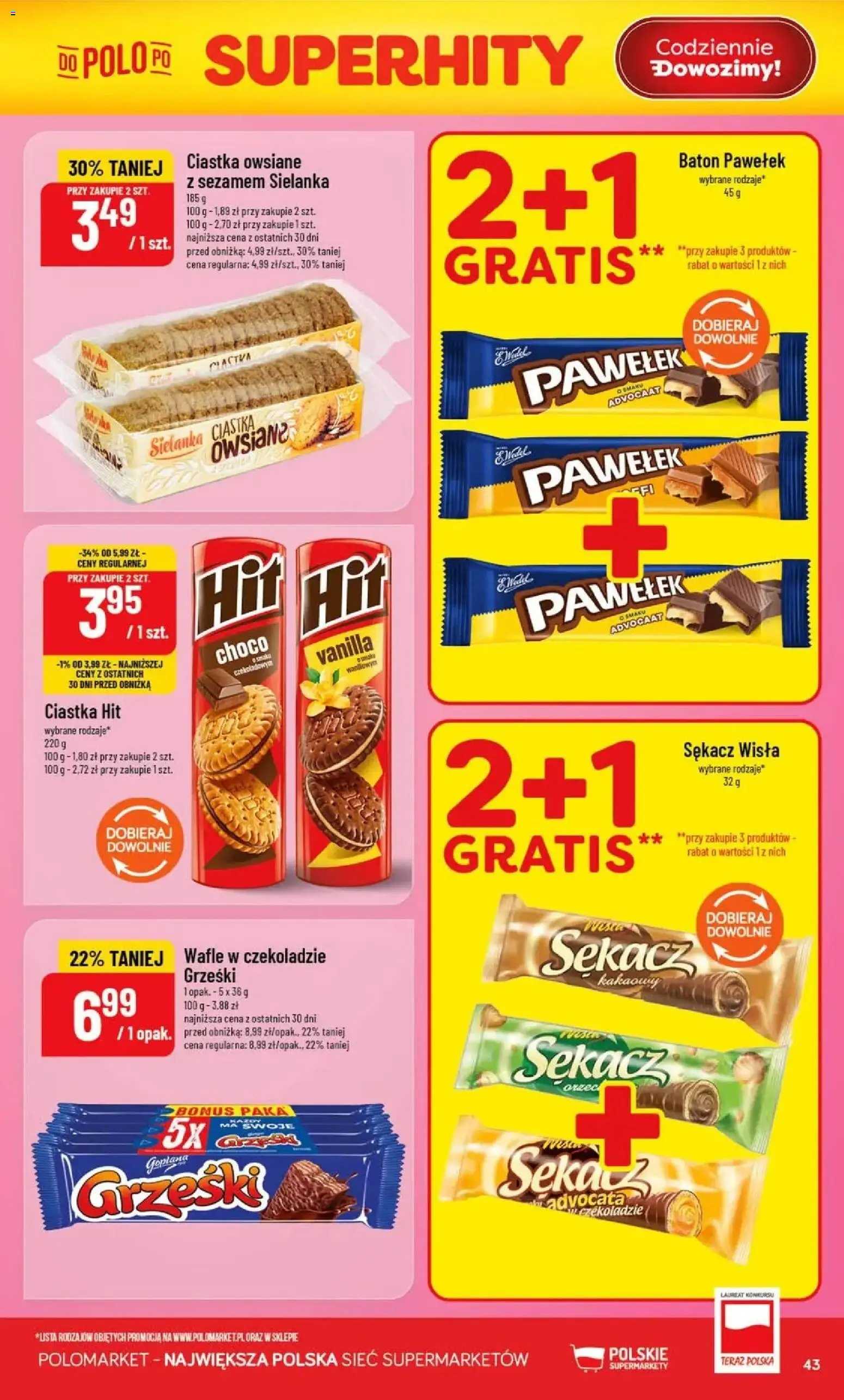 Nowa POLOmarket gazetka od jutra 12.08.2026 | Strona: 43 | Produkty: Wafle, Baton, Ciastka, Ciastka owsiane